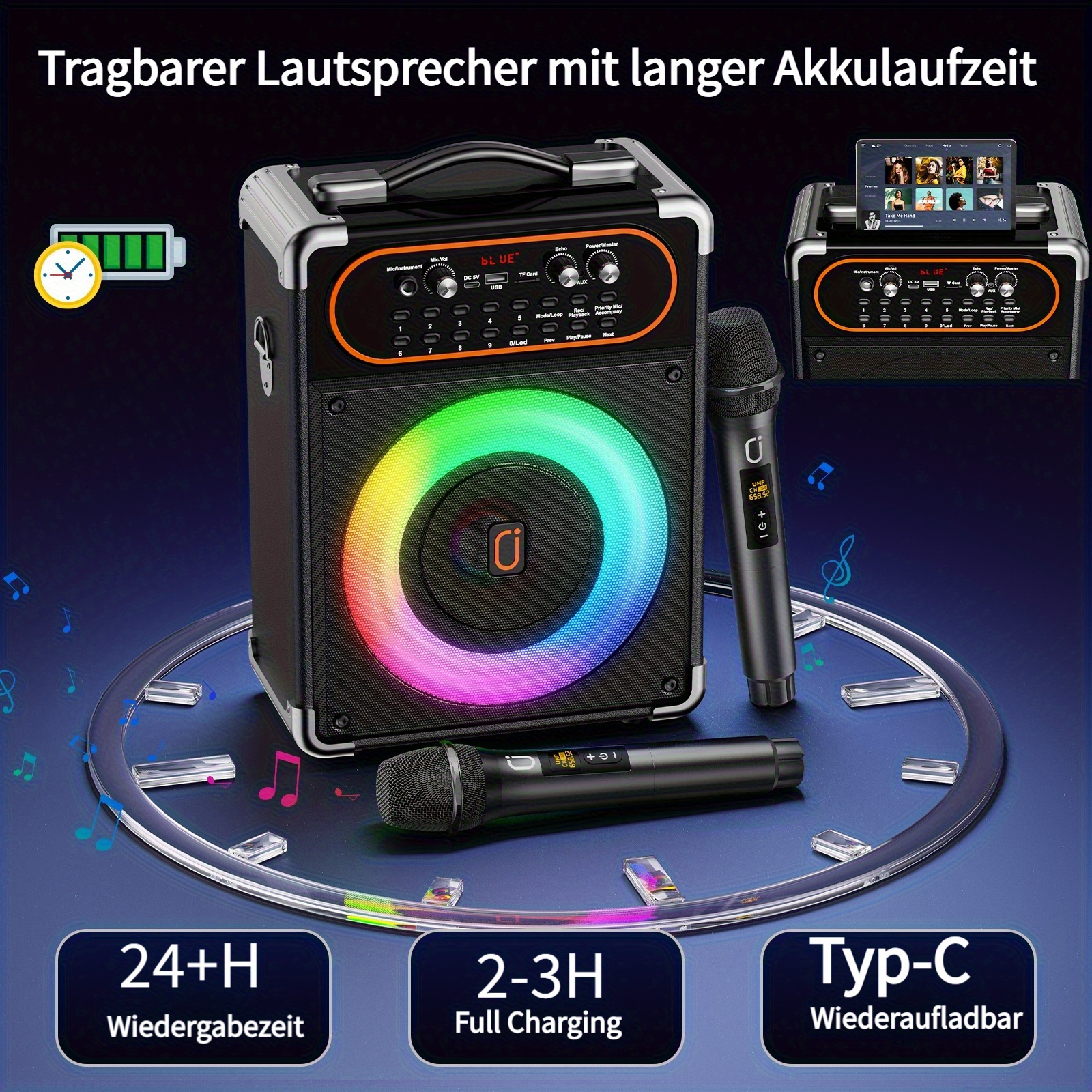 Schwarzer Lautsprecher mit Mikrofonen, farbiger Beleuchtung und Akku-Symbol.