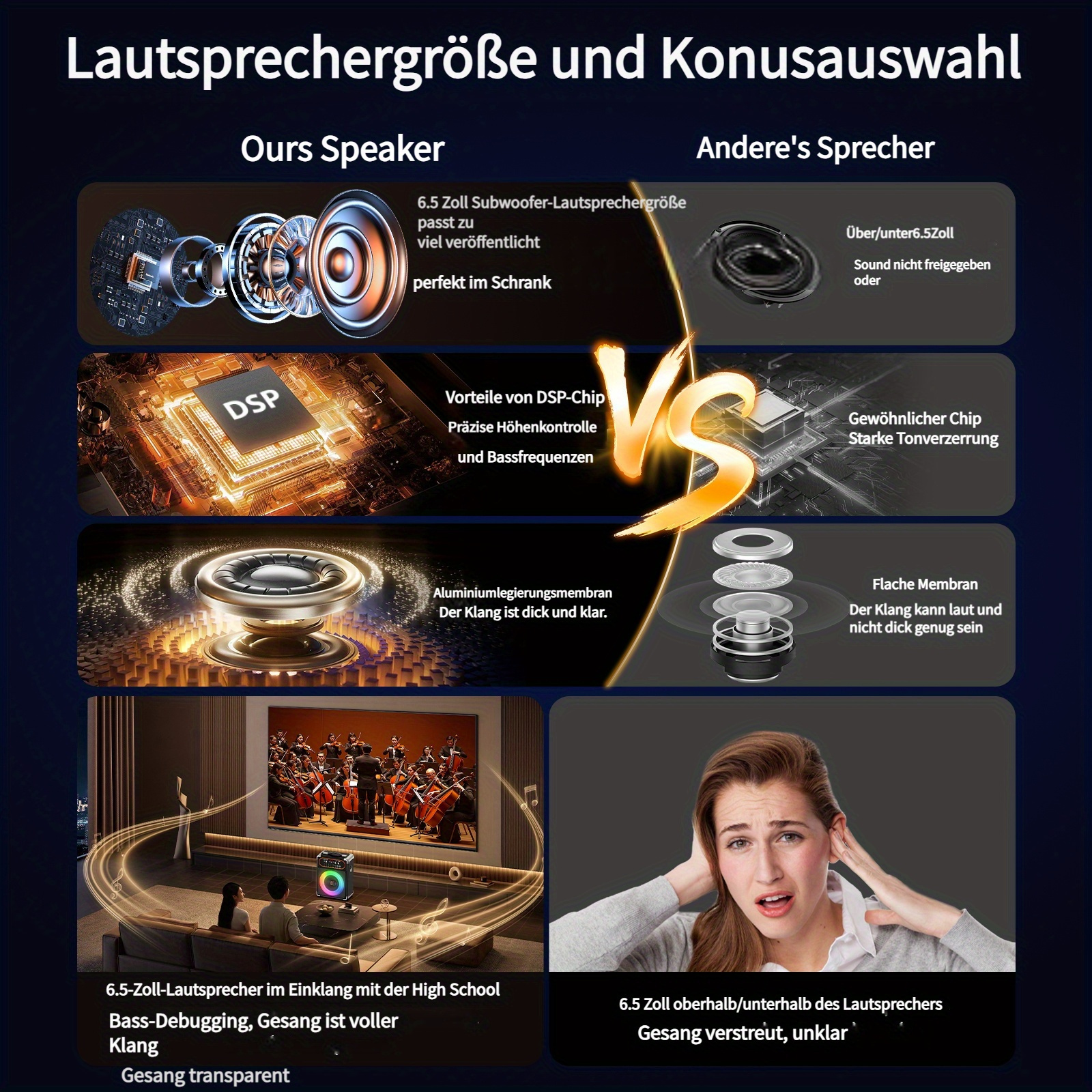 Vergleich von Lautsprechern: Größe, DSP, Membran und Klangqualität.