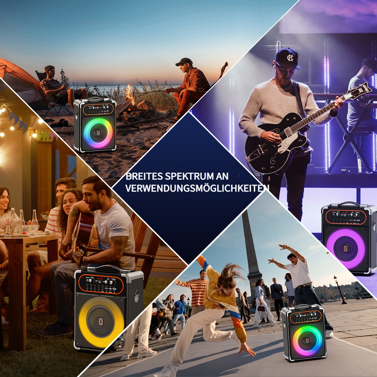 Collage zeigt mobile Lautsprecher in verschiedenen Szenarien: Camping, Party, Konzert und Tanzen im Freien.