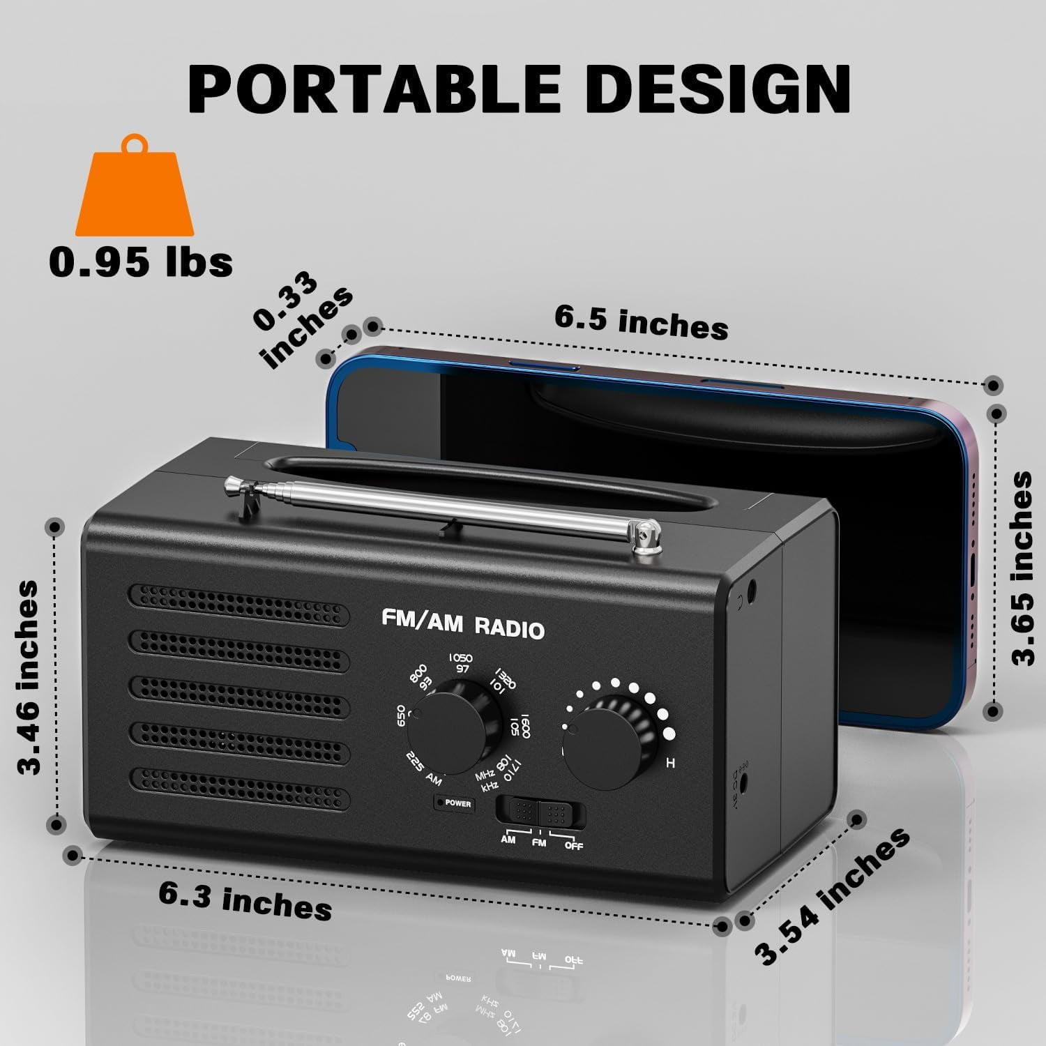 Ein schwarzes FM/AM-Radio mit Antenne und Drehreglern, daneben ein Smartphone.