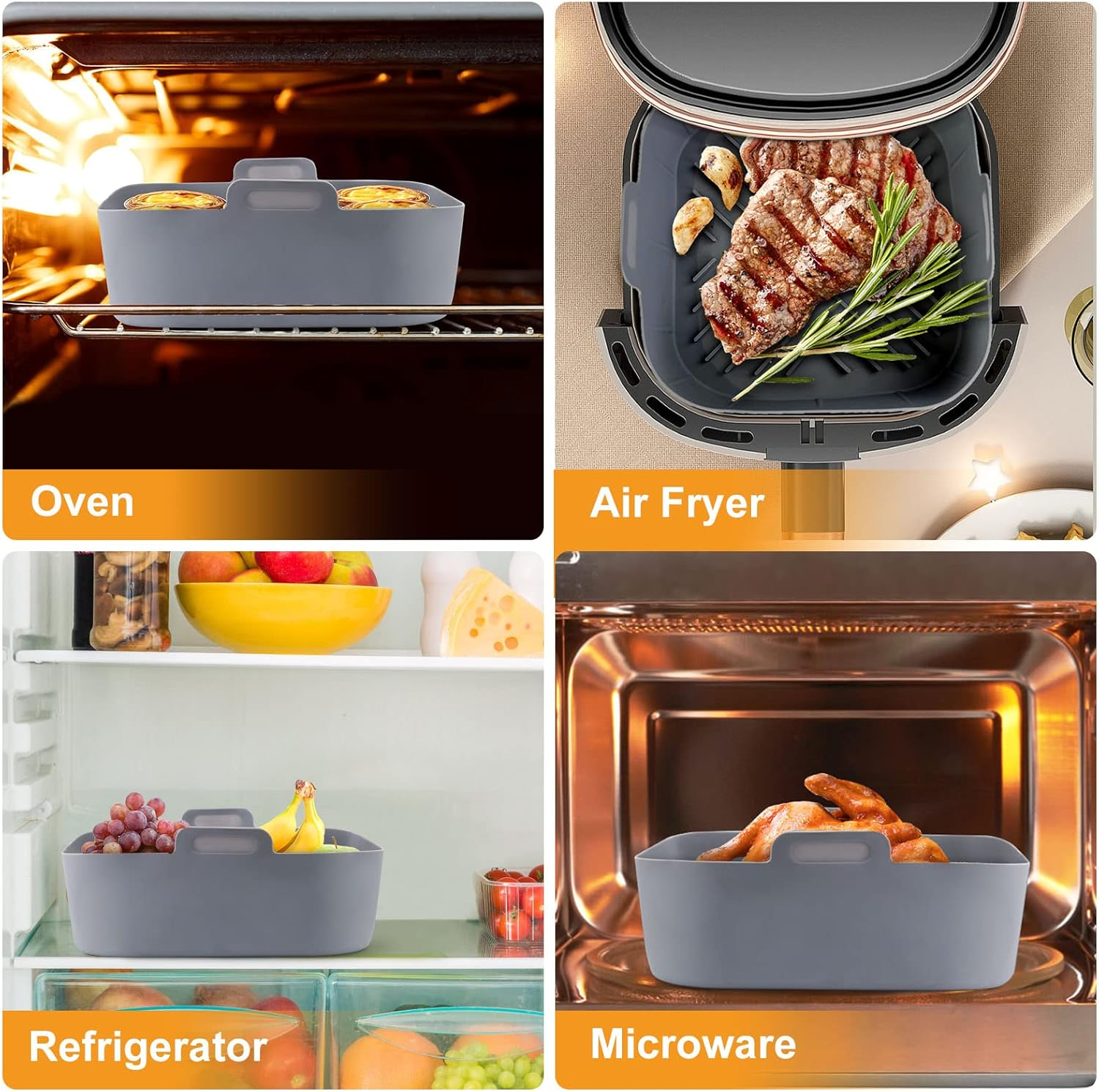 Graue Einsätze in Ofen, Heißluftfritteuse, Kühlschrank und Mikrowelle mit Lebensmitteln.
