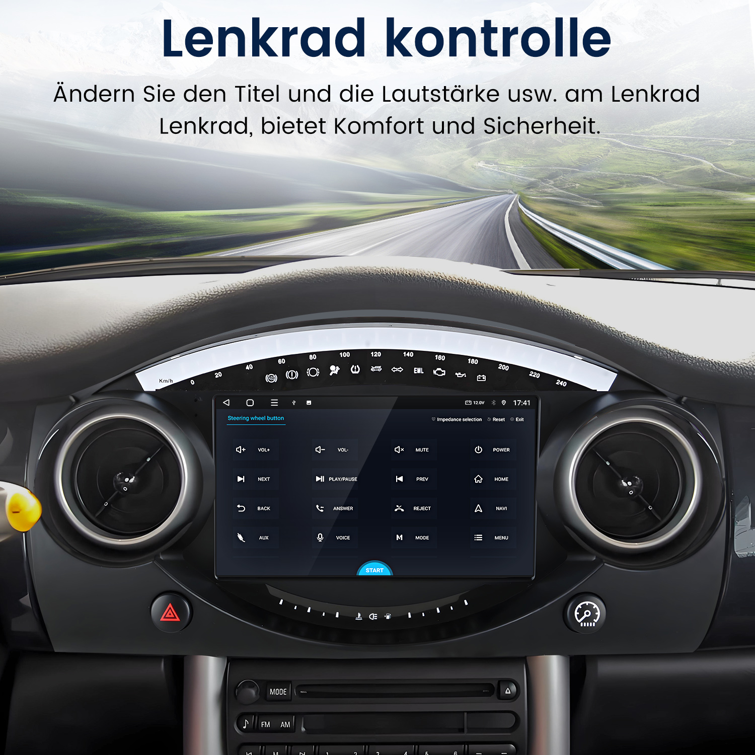 Auto-Innenraum mit Fokus auf das Lenkrad und Infotainment-System.