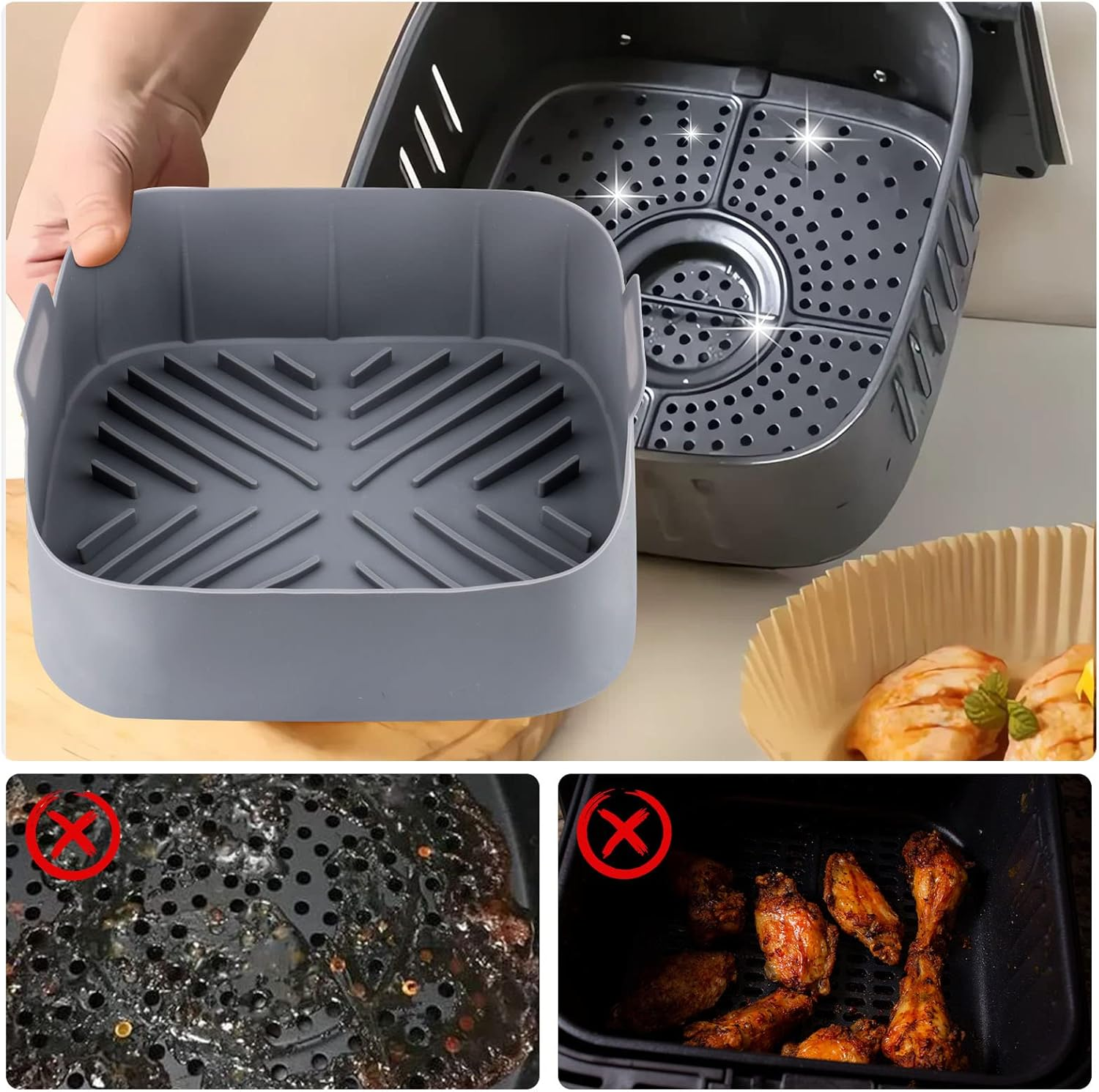 Grauer Silikon-Airfryer-Einsatz neben einem leeren Korb. Unten: verbrannte Speisereste und Hähnchenflügel.
