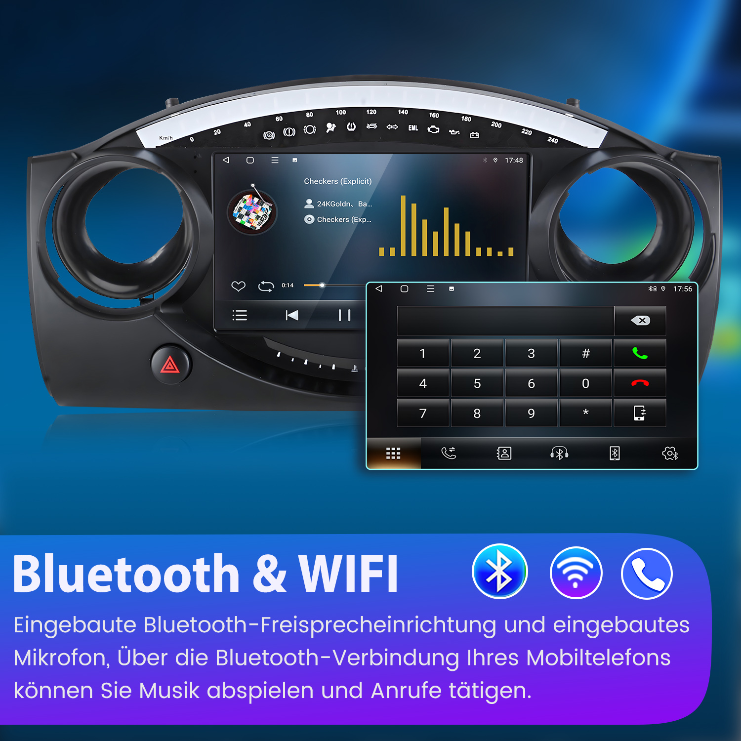 Autoradio mit Touchscreen, zeigt Musik-Player und Ziffernblock. Unten steht 'Bluetooth & WIFI'.