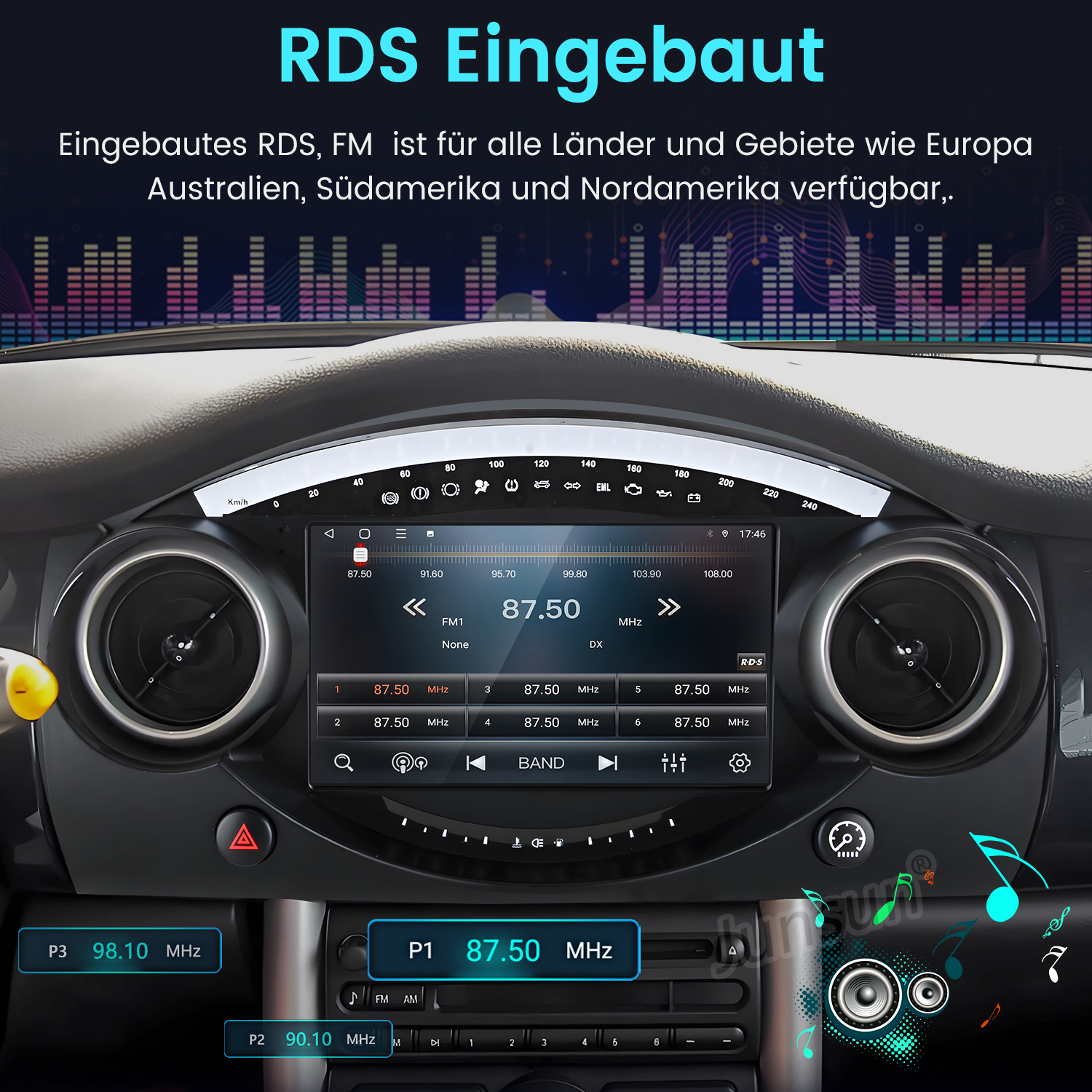 Autoinnenraum mit RDS-Radio-Display, das Frequenzen anzeigt.
