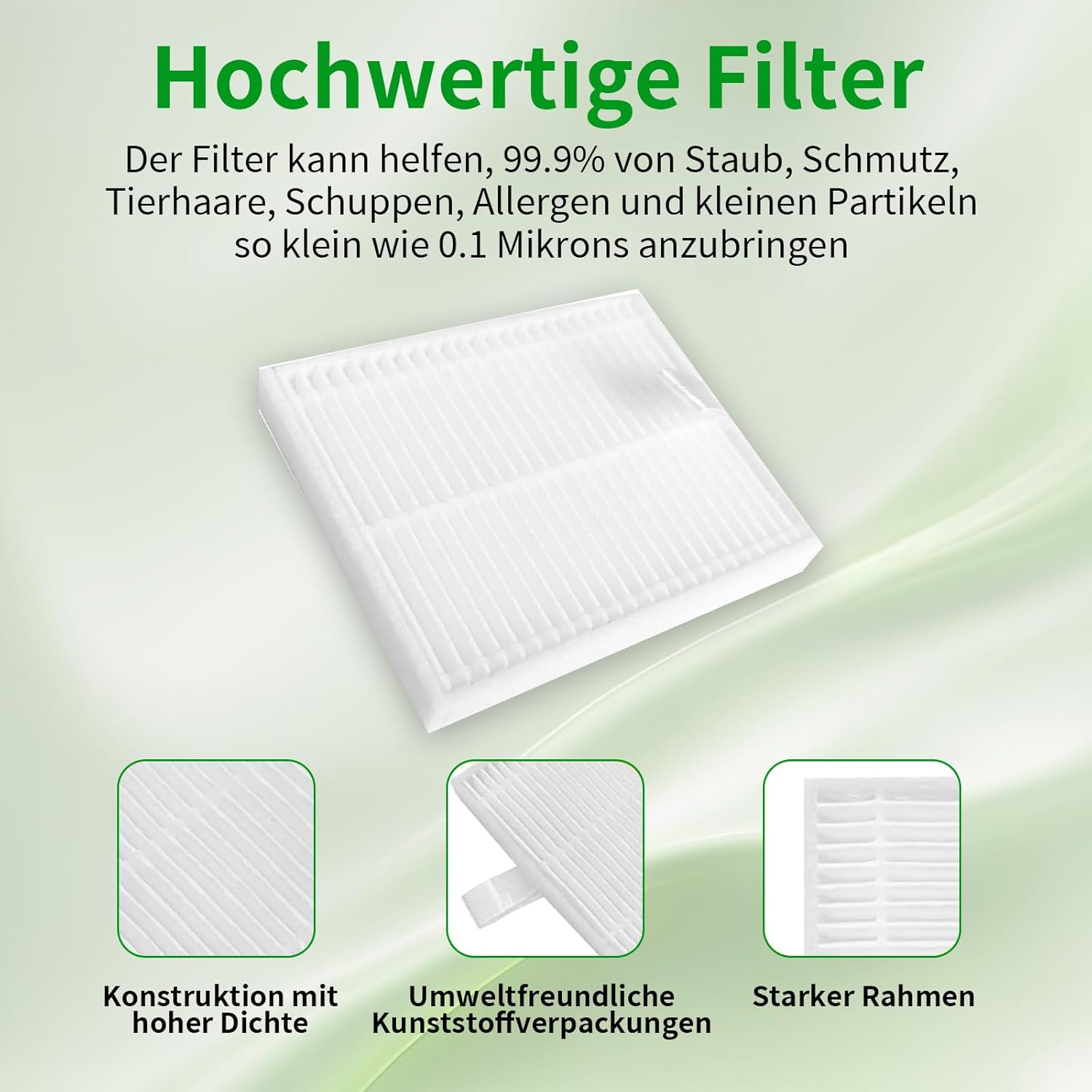 Filtro bianco pieghettato di alta qualità. Primo piano mostra costruzione densa, imballaggio e telaio.