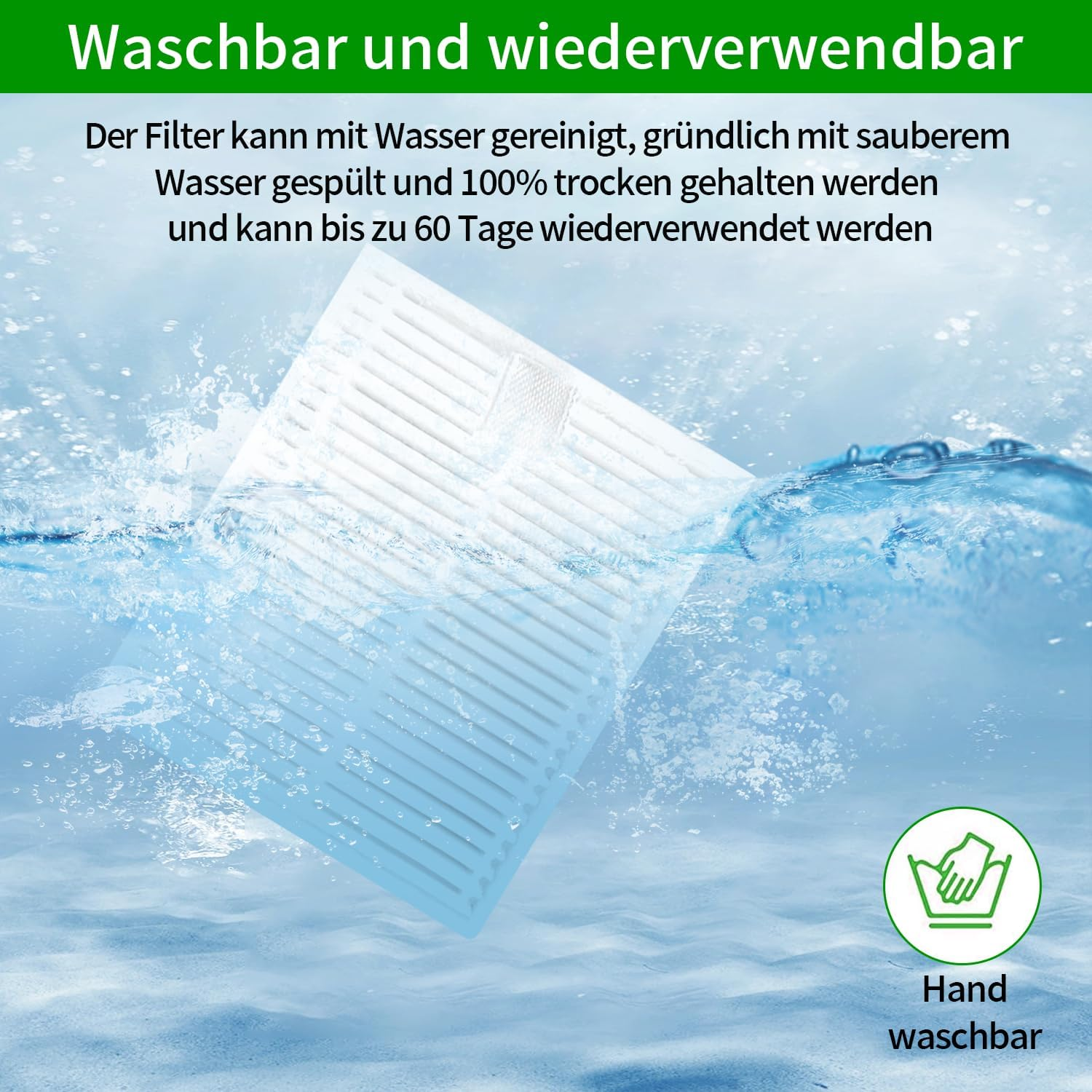 Un filtro bianco immerso nell'acqua. "Lavabile e riutilizzabile".