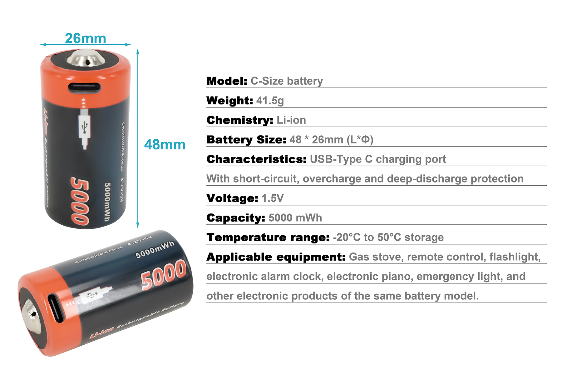 C-Größe Li-Ionen-Akku, 48x26mm, 5000mAh, USB-C Ladeanschluss.