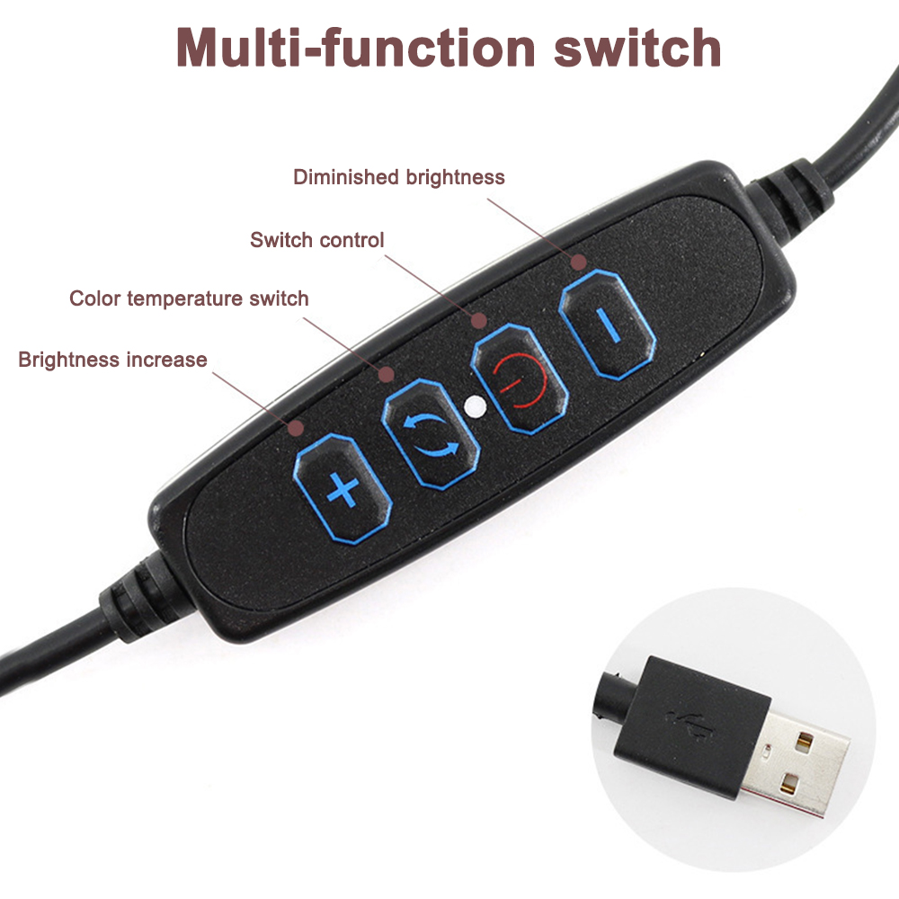 Ein schwarzer USB-Schalter mit Tasten für Helligkeit und Farbtemperatur.