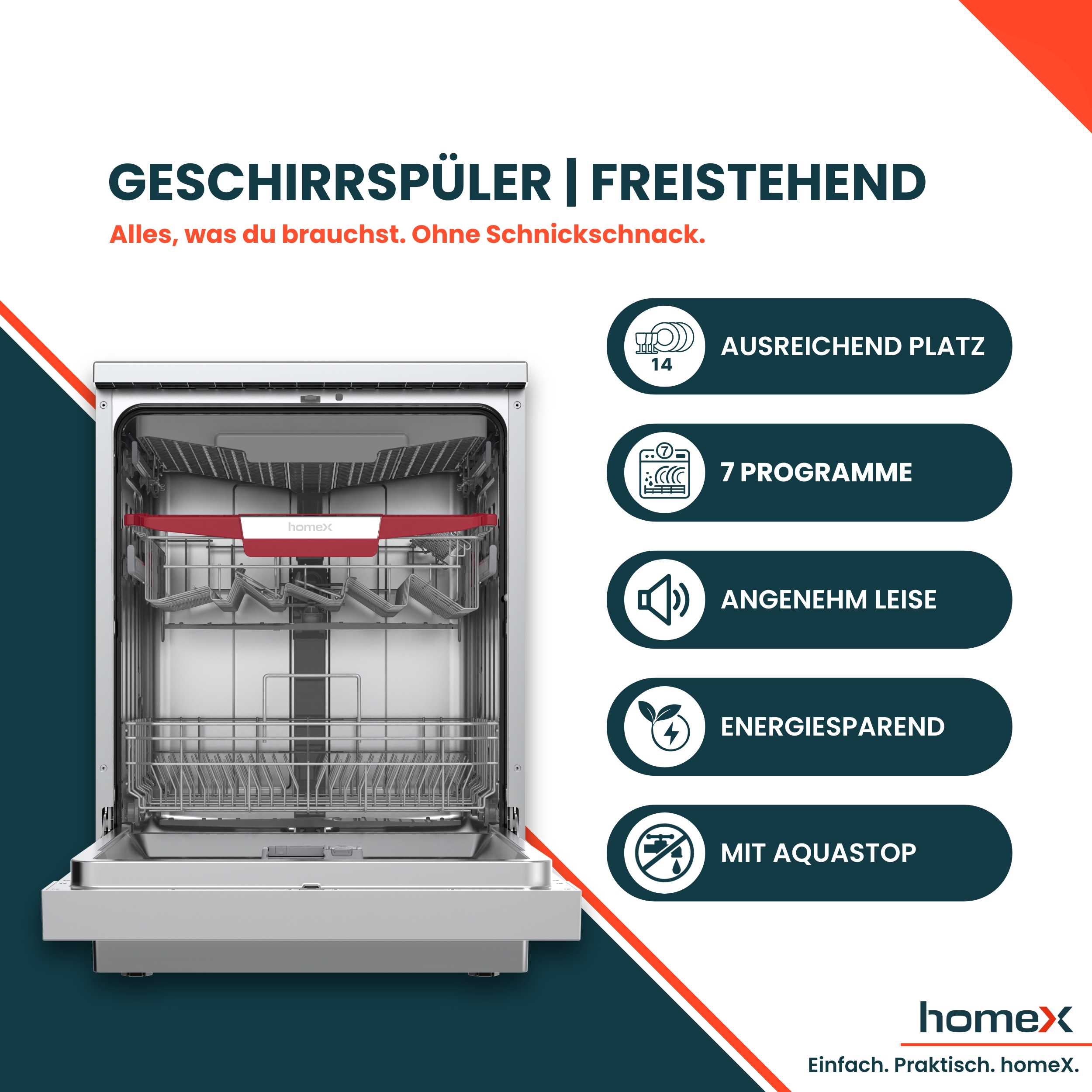 Freistehender Geschirrspüler mit 14 Maßgedecken, 7 Programmen, leise, energiesparend.