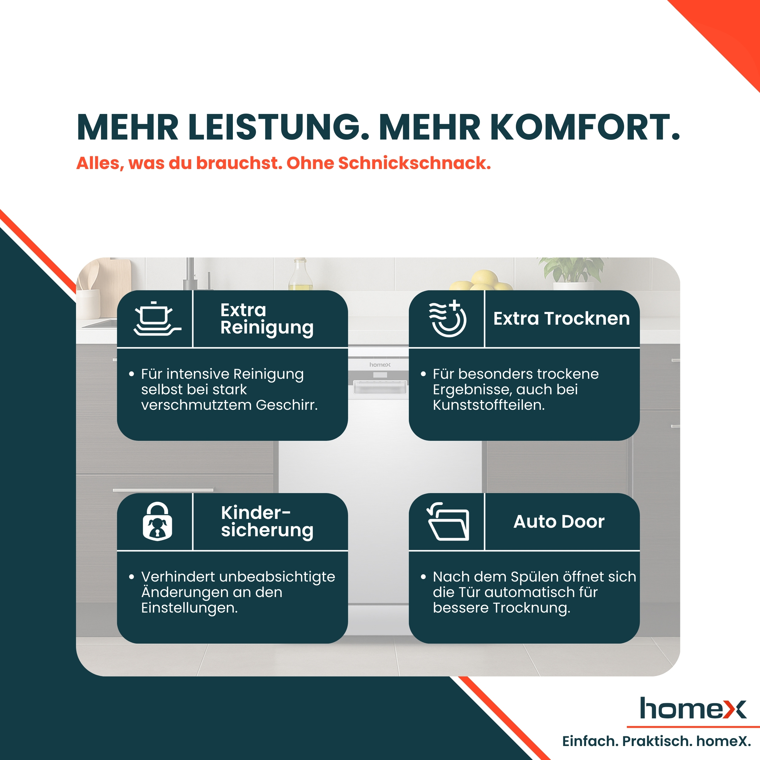 Geschirrspüler mit Extra Reinigung, Extra Trocknen, Kindersicherung und Auto Door.