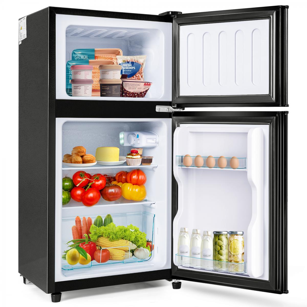 Ein schwarzer Kühlschrank ist geöffnet und zeigt Lebensmittel wie Lachs, Garnelen, Eier, Gemüse und Obst.