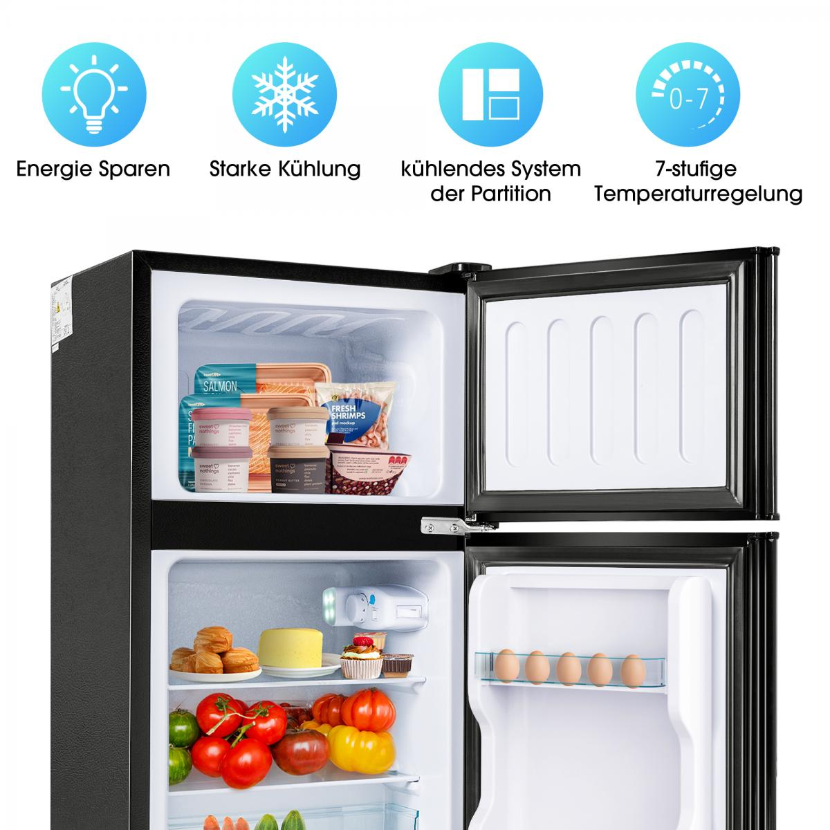 Ein offener Kühlschrank mit Lebensmitteln und Symbolen für Energie sparen, Kühlung, Partition und Temperaturregelung.