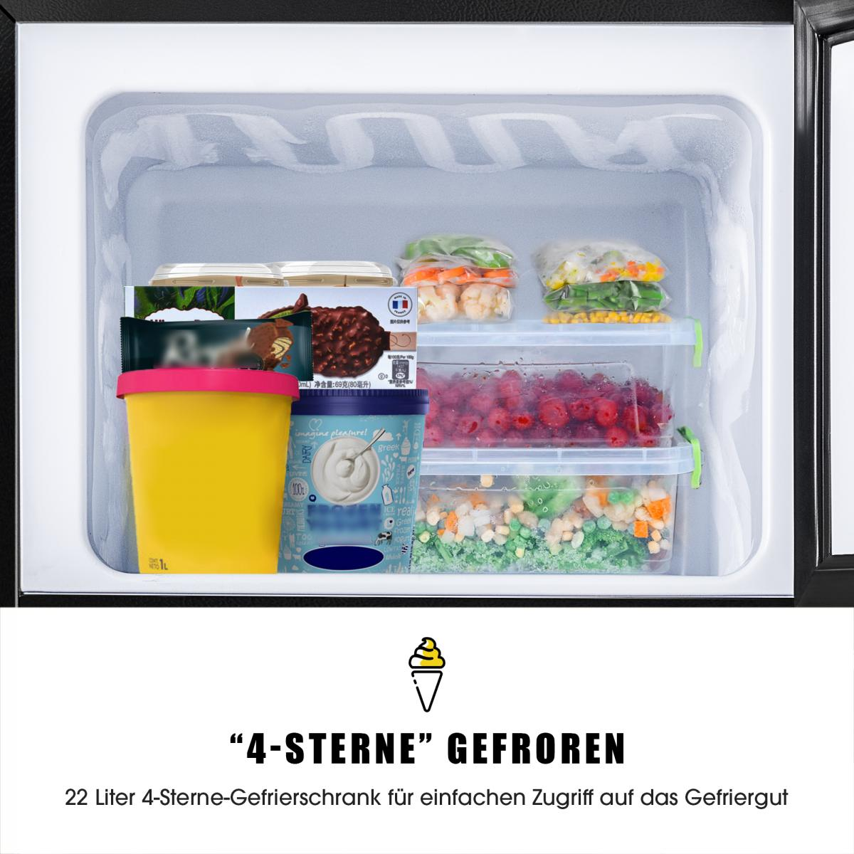 Gefrierschrank gefüllt mit Eis, Beeren, Gemüse und gefrorenen Lebensmitteln.