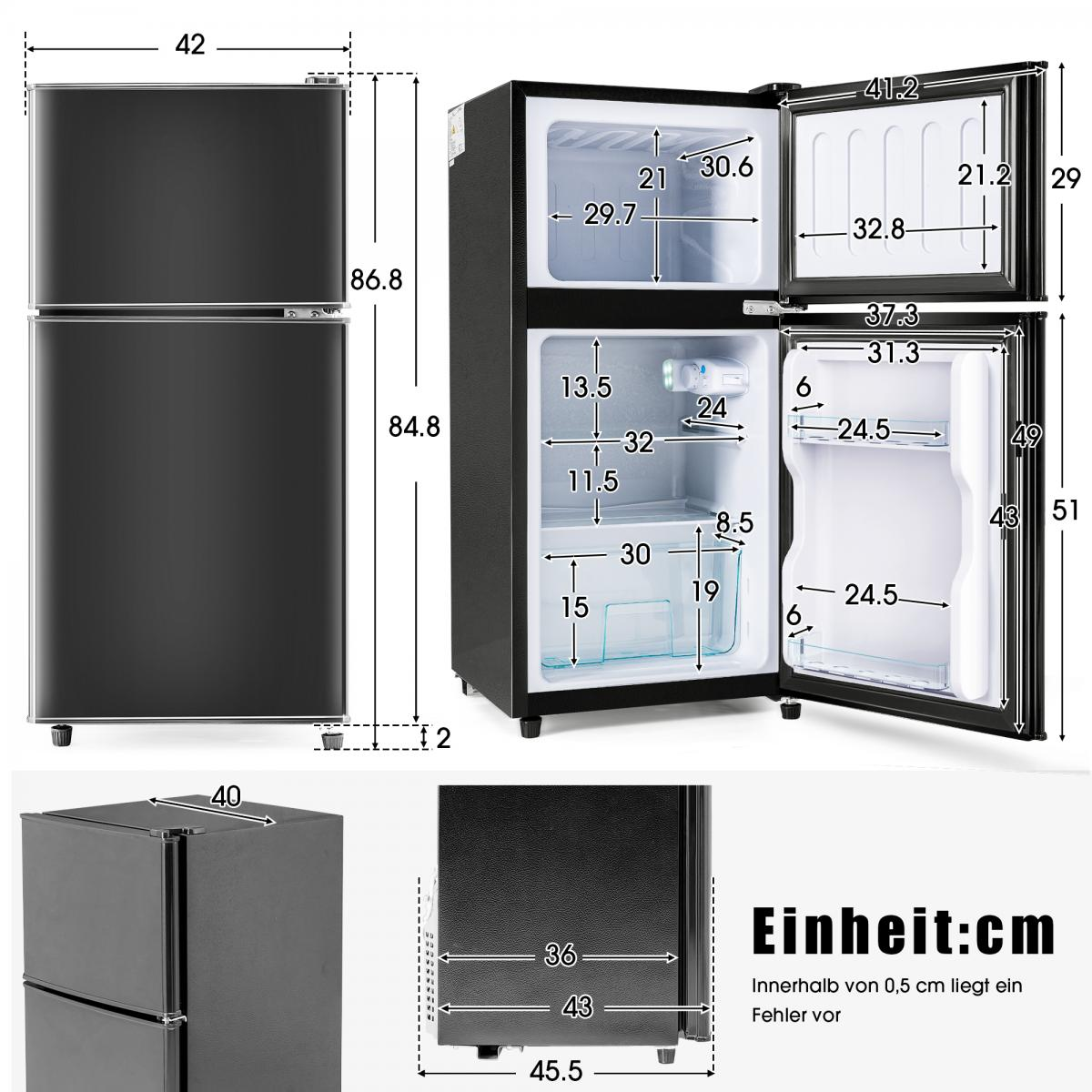 Schwarzer Kühlschrank mit Maßen und Innenansicht. Türen sind geöffnet.