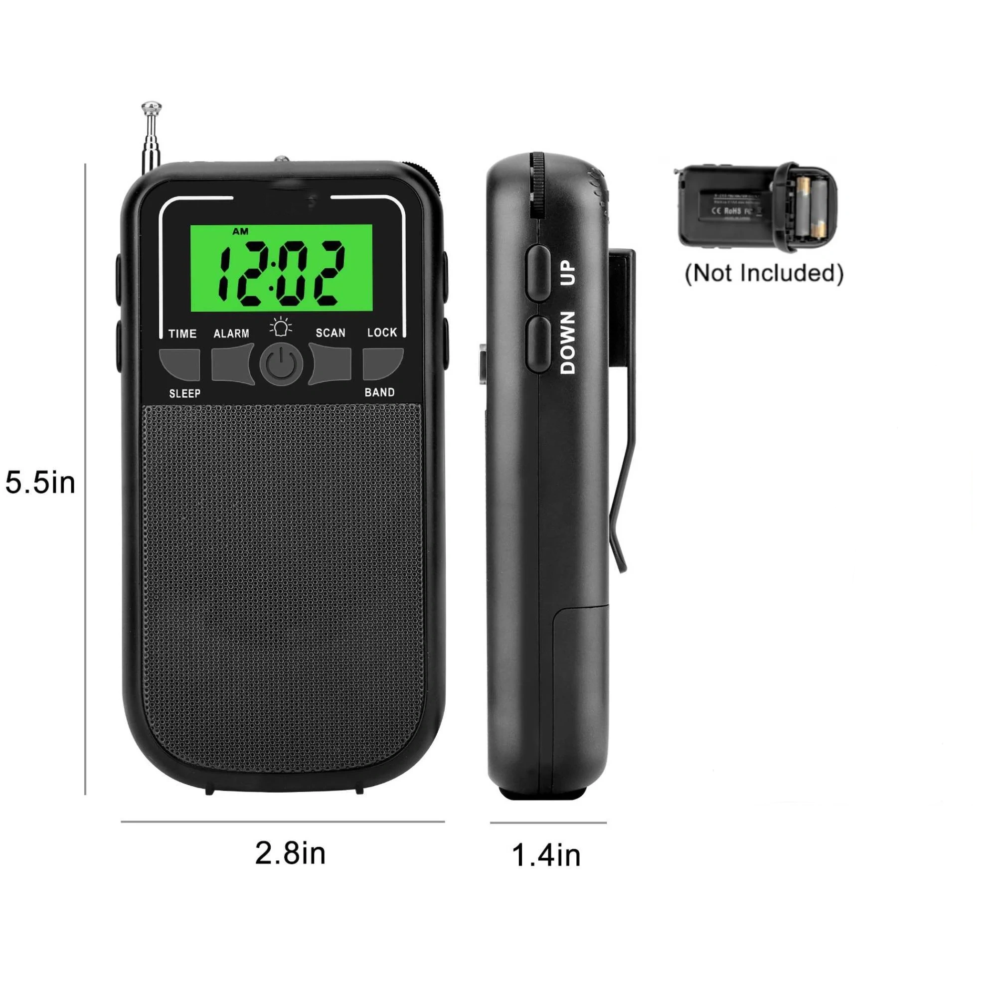 Ein schwarzer AM/FM-Radio mit grünem Display, Lautsprecher und Tasten.