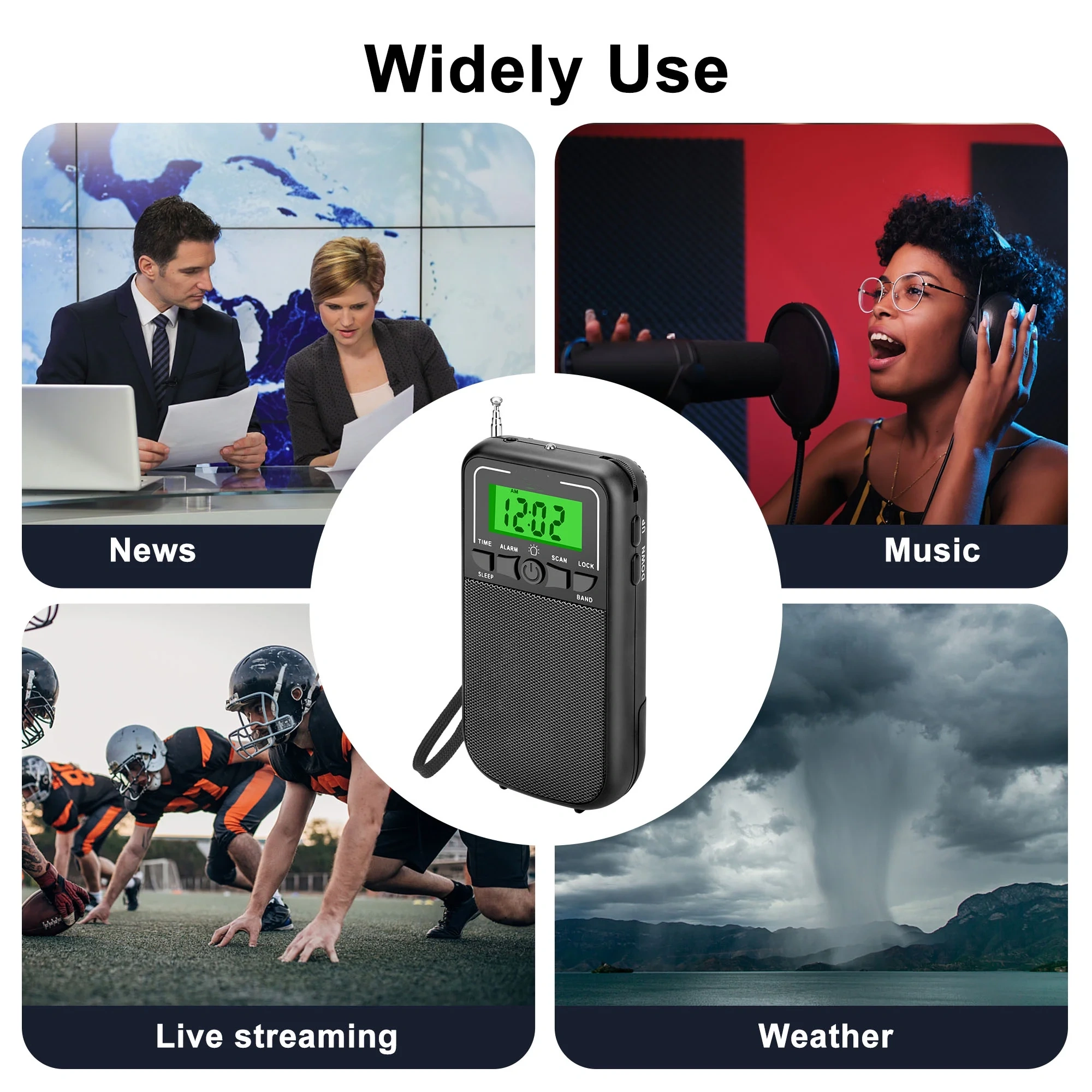 Vier Szenen: Nachrichten, Musik, Live-Streaming, Wetter. Ein Radio in der Mitte.