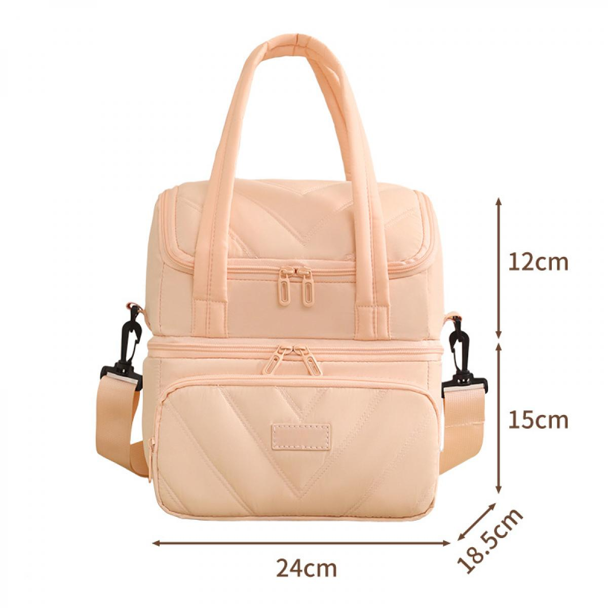 Ein gesteppter, pfirsichfarbener Kühltaschen-Rucksack mit Griffen und Trägern.