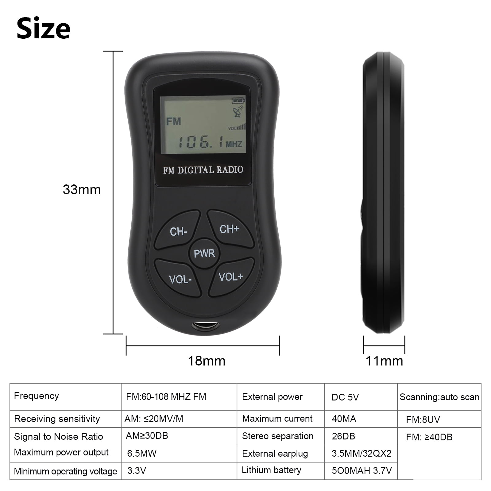 Schwarzes FM-Radio mit Tasten und LCD-Bildschirm. Maße 33x18x11mm.