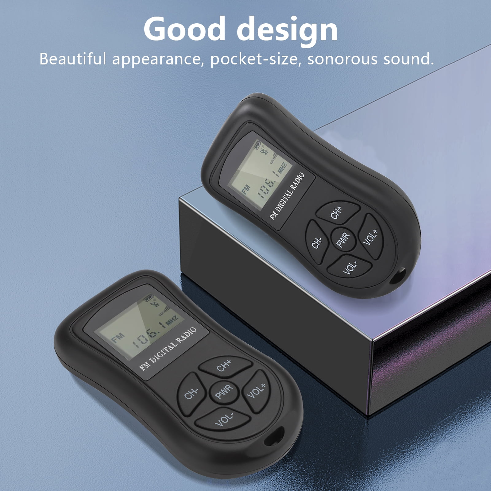 Zwei schwarze digitale FM-Radios mit Displays und Tasten auf einem blauen Hintergrund.
