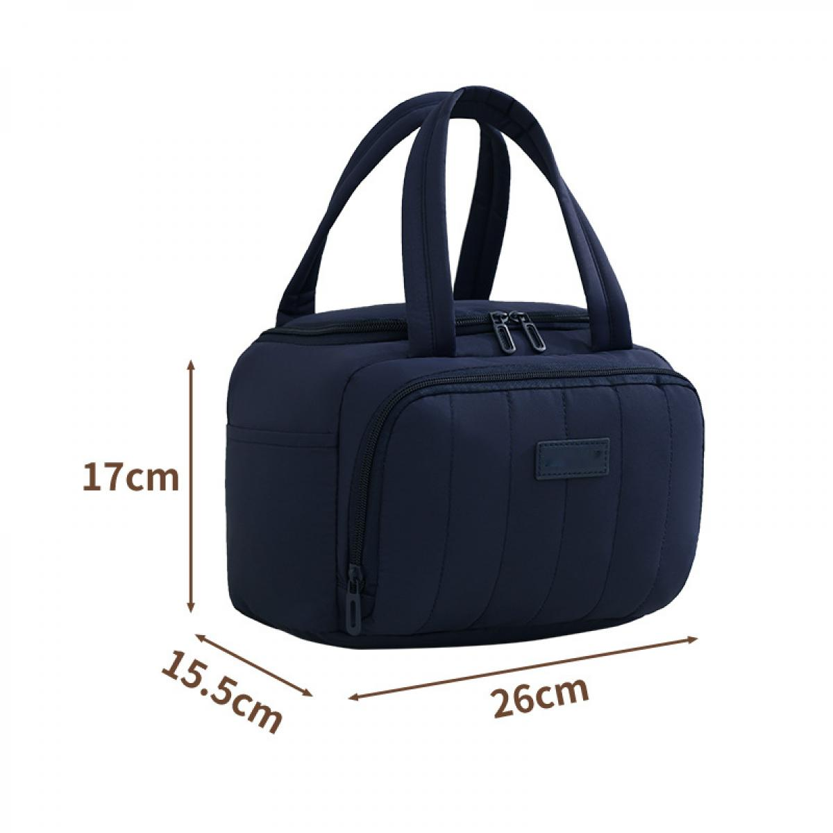 Eine dunkelblaue Tasche mit Griffen und Reißverschlüssen, 17x15,5x26cm.
