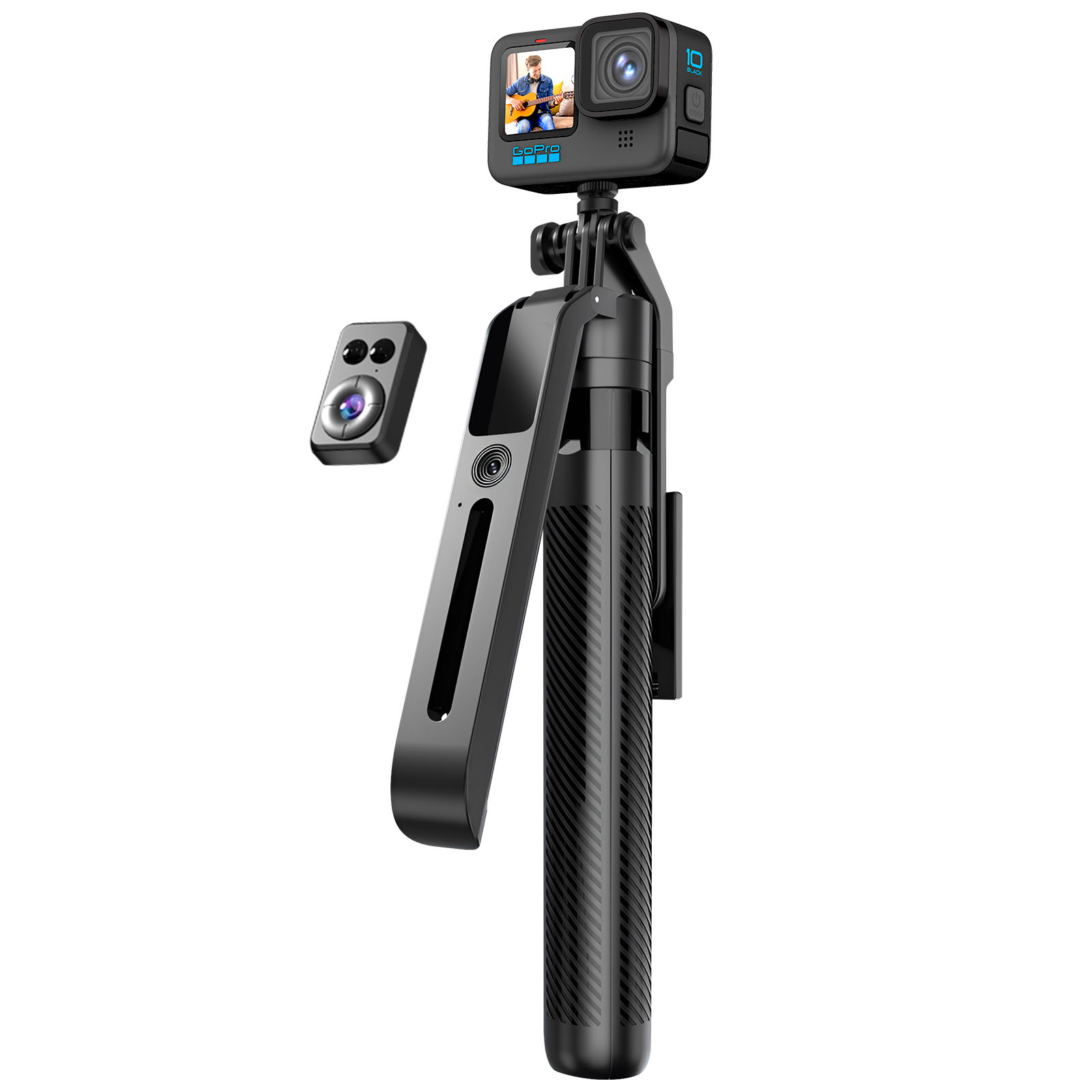 GoPro-Kamera mit Griff-Stativ und Fernbedienung auf weißem Hintergrund.