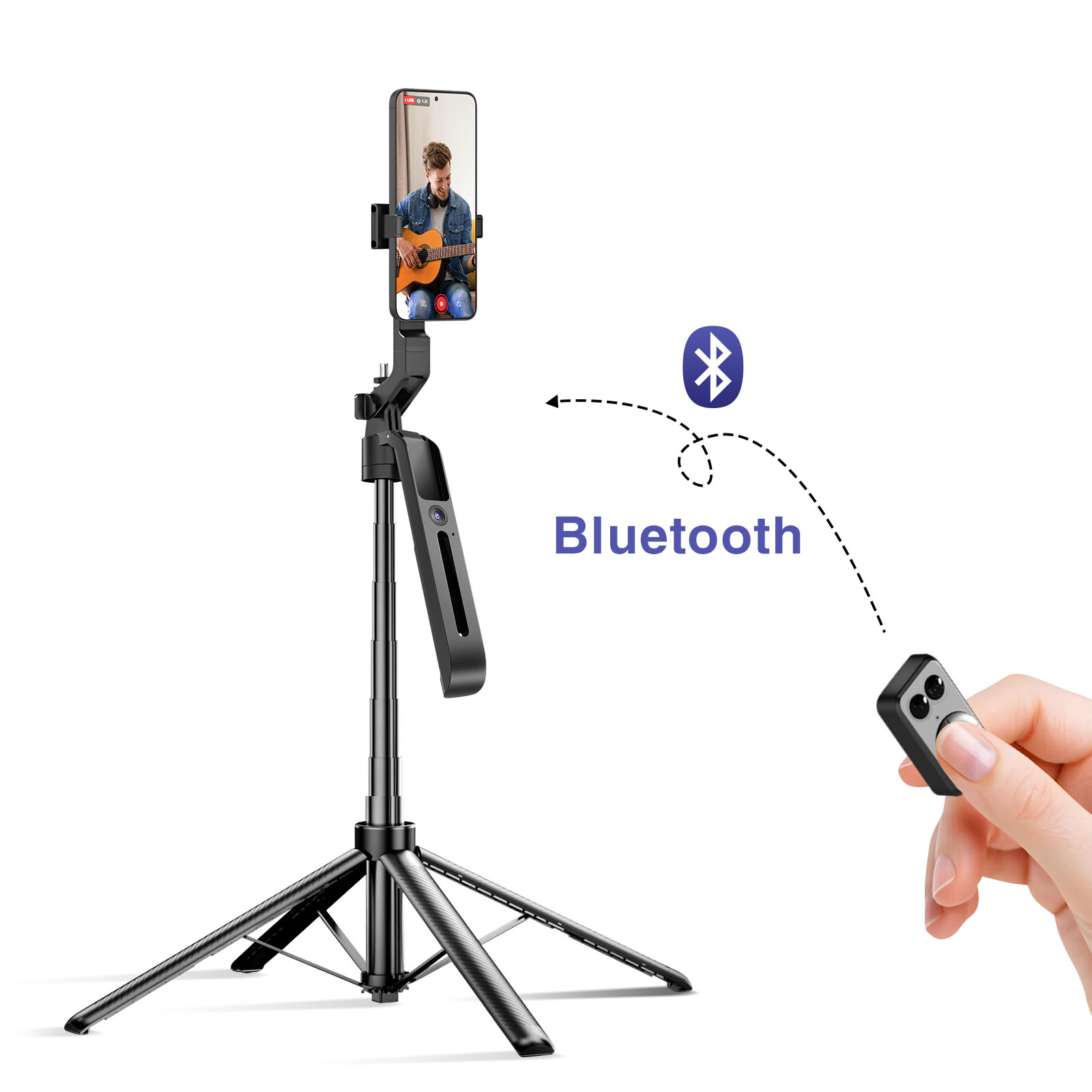 Ein Handy-Stativ mit Fernbedienung und Bluetooth-Symbol auf weißem Hintergrund.