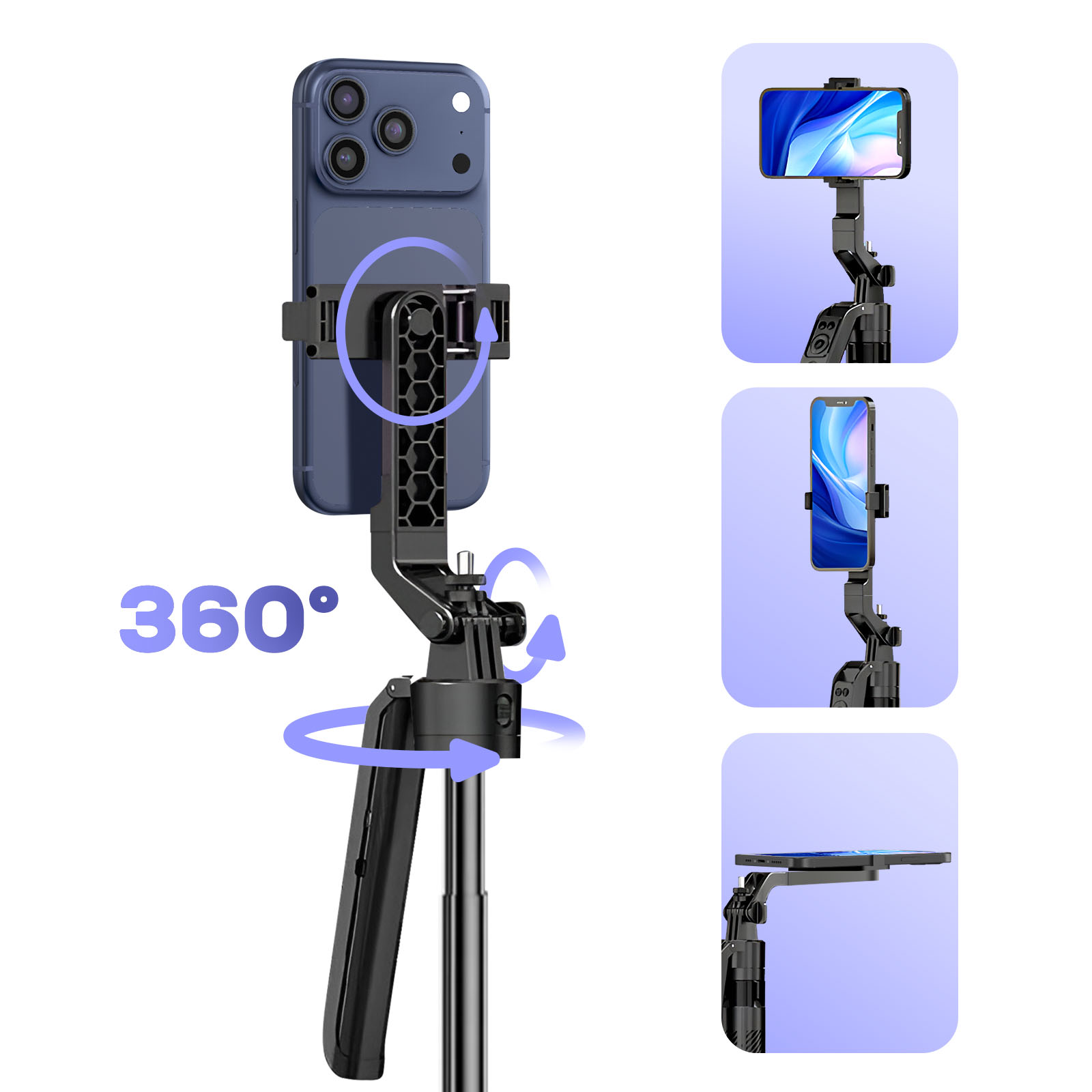 Ein Smartphone ist auf einem schwarzen Selfie-Stick mit Stativ montiert.