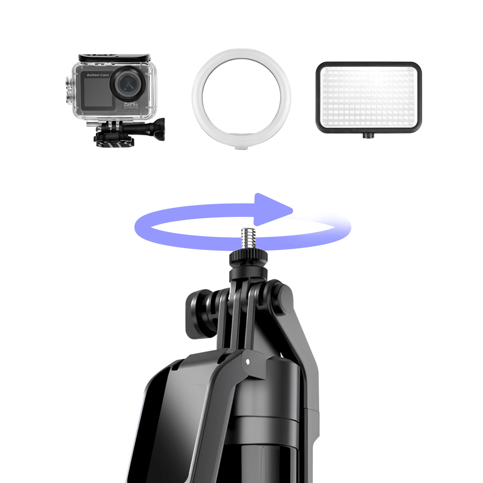Action-Kamera, Ringlicht und LED-Licht auf einem Stativhalter. Blauer Pfeil zeigt Drehung an.