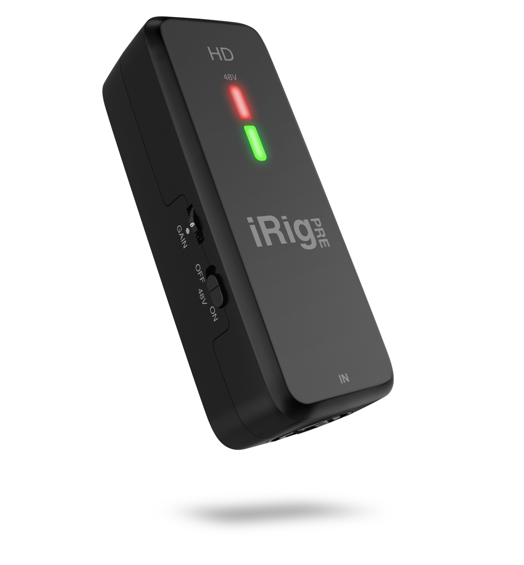 Dispositivo audio iRig Pre HD nero con LED rossi e verdi e controlli.