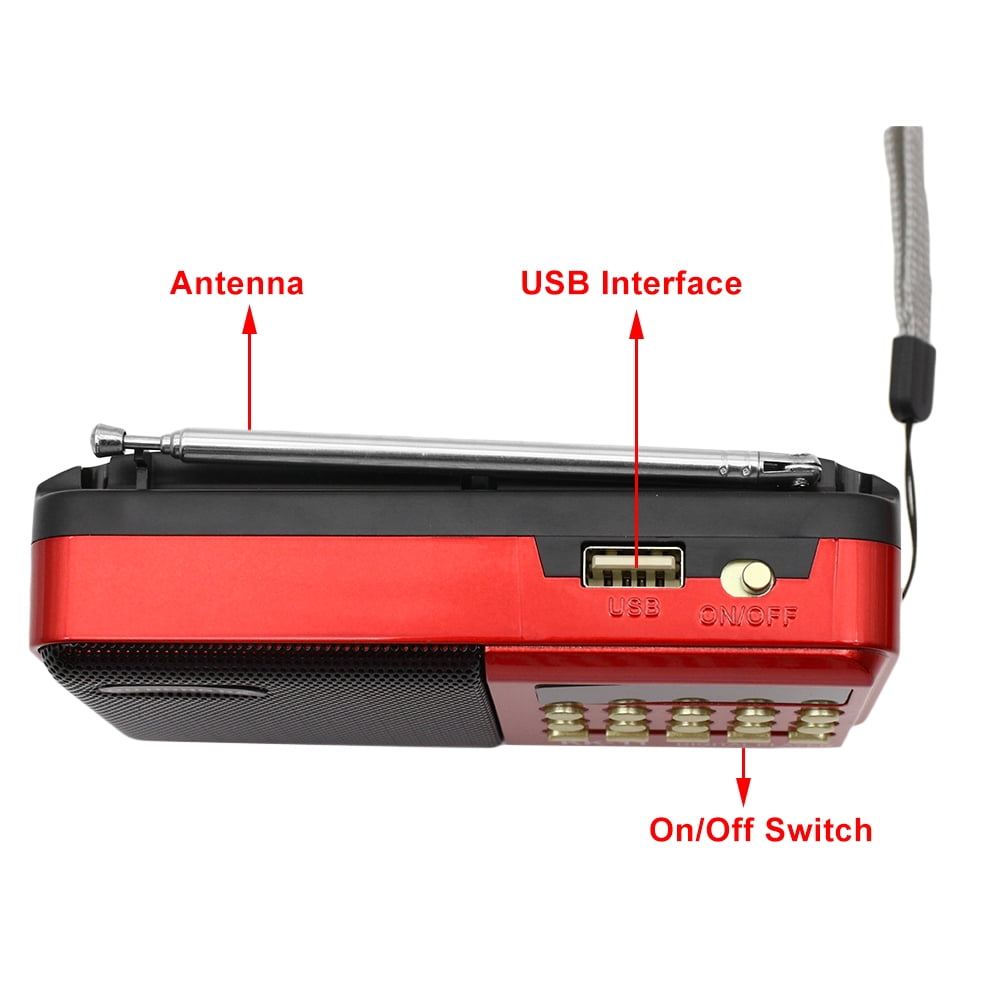 Rotes Radio mit ausfahrbarer Antenne, USB-Anschluss und Ein-/Ausschalter.