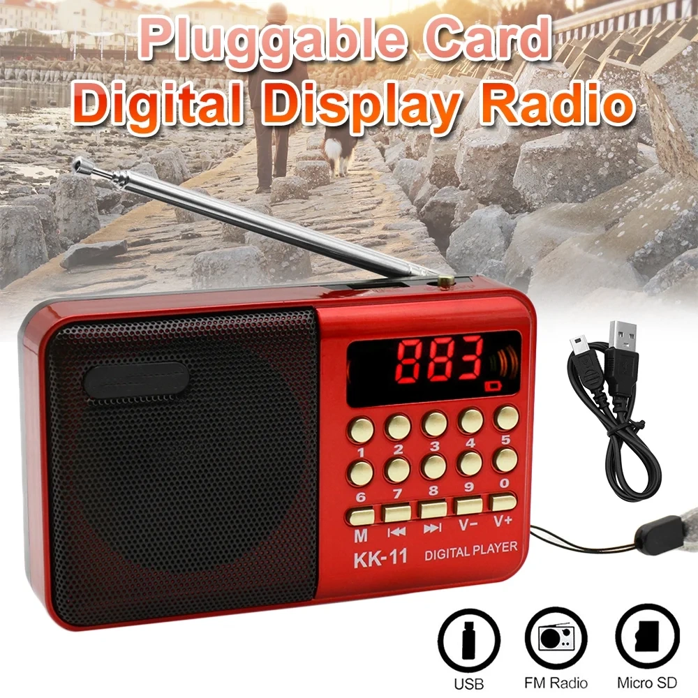Ein rotes Digitalradio mit Antenne, Tasten und USB-Kabel auf einem Steg.