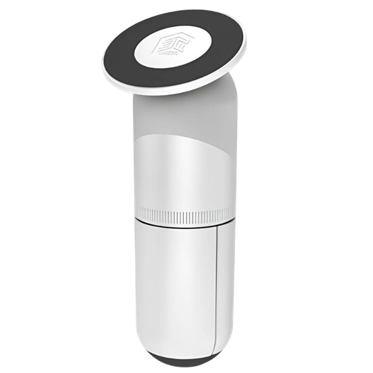 Ein weißer Behälter mit schwarzem Ring und Logo auf grauem Hintergrund.