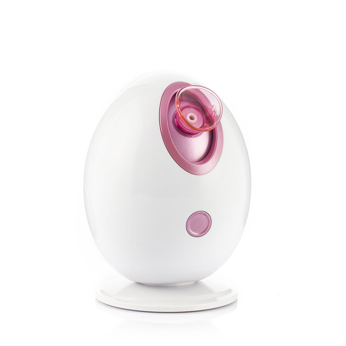Un vaporizzatore viso bianco con accenti rosa e un pulsante.
