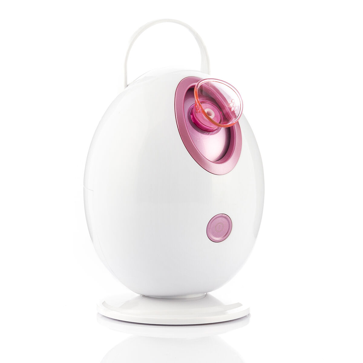 Un vaporizzatore viso bianco con accenti rosa su un supporto bianco.