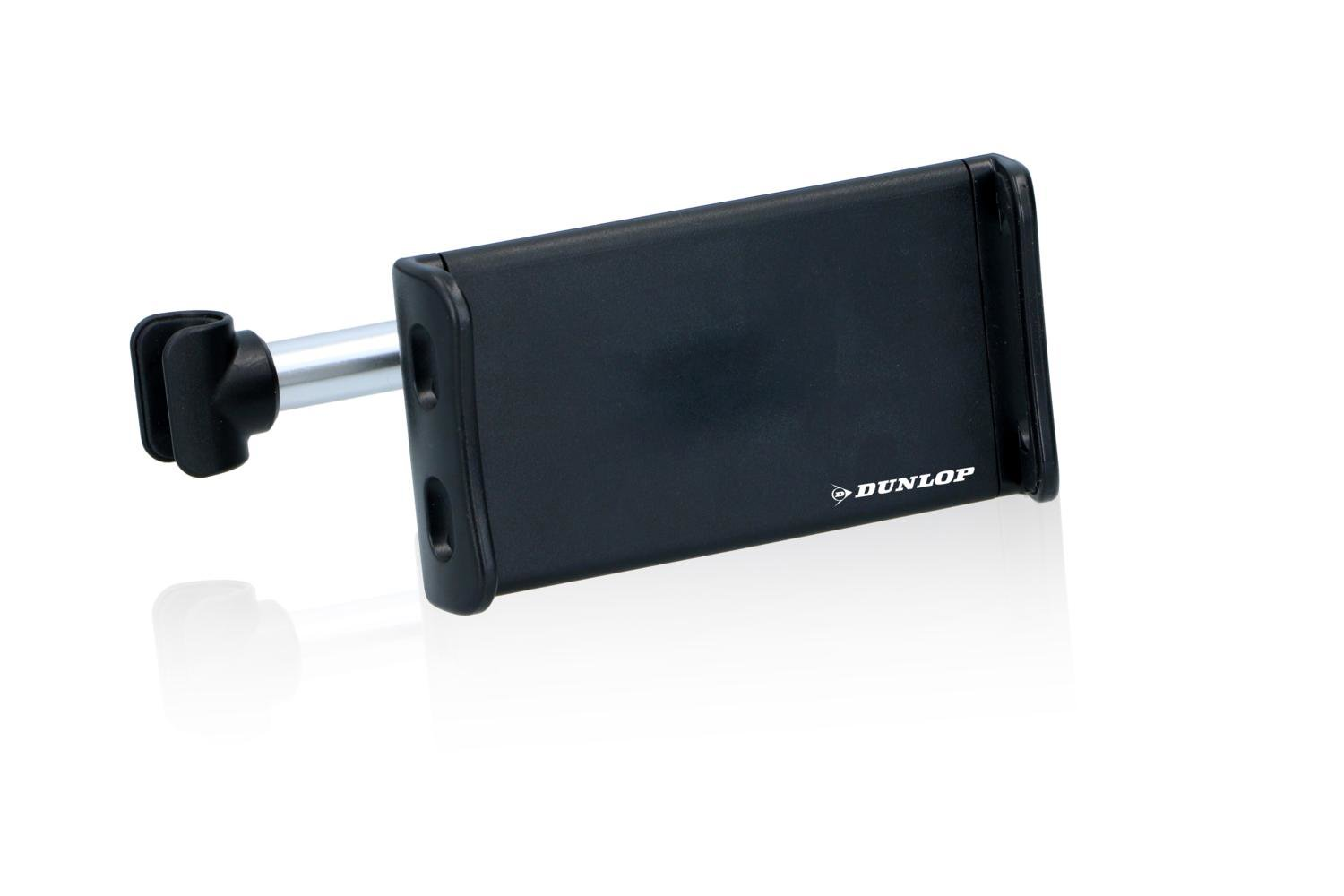 Supporto nero Dunlop per telefono con morsetto regolabile e braccio argentato.