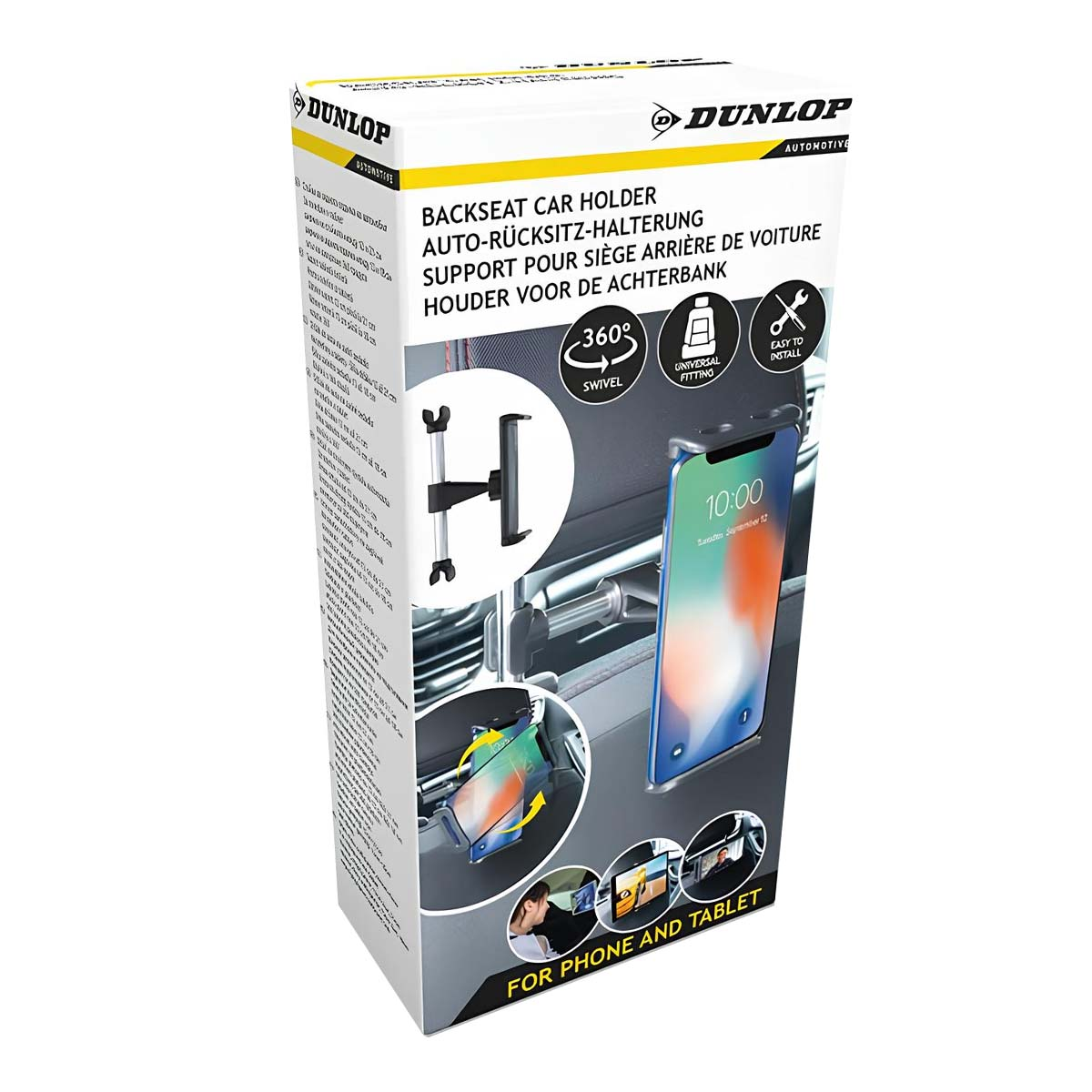Confezione di un porta telefono Dunlop per sedile posteriore con immagini.