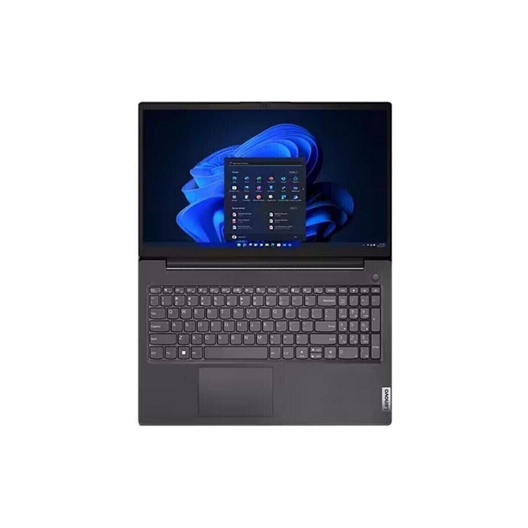 Ein geöffneter grauer Lenovo Laptop mit Windows 11 auf dem Bildschirm.