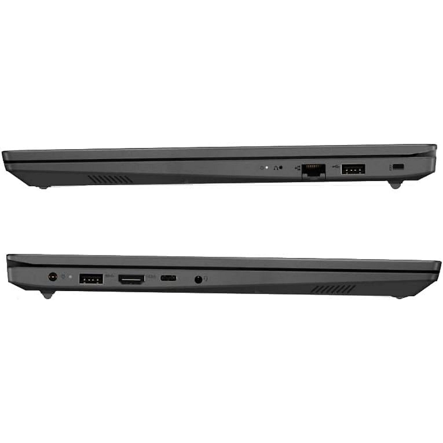 Zwei Ansichten eines dunklen Laptops mit Anschlüssen: USB, HDMI, Ethernet.
