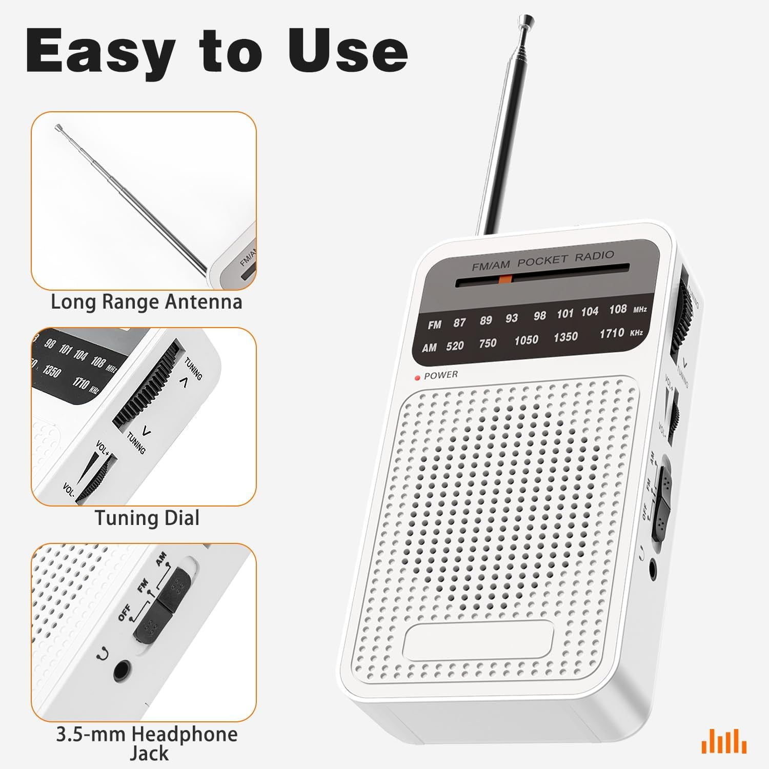 Weißes FM/AM-Taschenradio mit Antenne, Abstimmknopf, Lautstärkereglern und Kopfhöreranschluss.