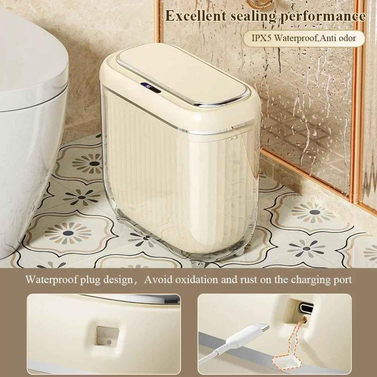Ein cremefarbener, rechteckiger Mülleimer mit silbernem Deckel neben einer Toilette.