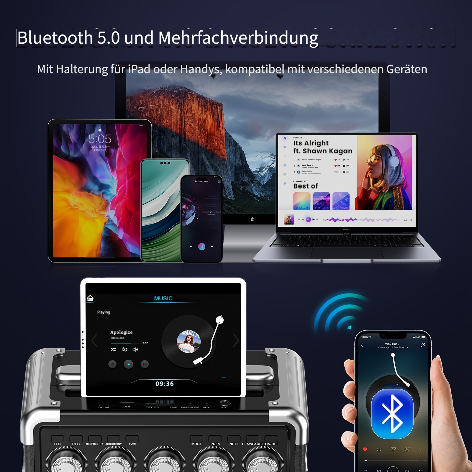 Geräte mit Bluetooth 5.0 verbunden: Tablet, Smartphone, Laptop, Lautsprecher.