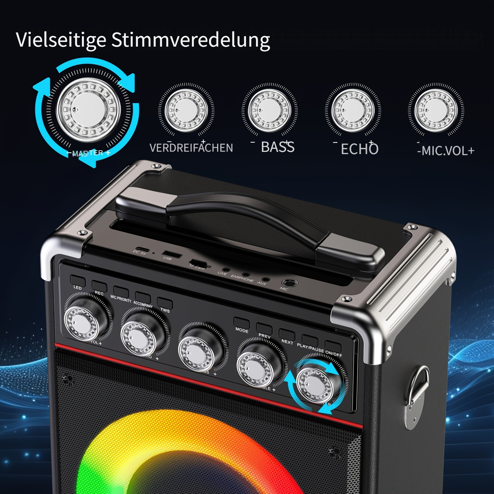 Lautsprecher mit Reglern für Master, Bass, Echo und Mikrofonlautstärke.