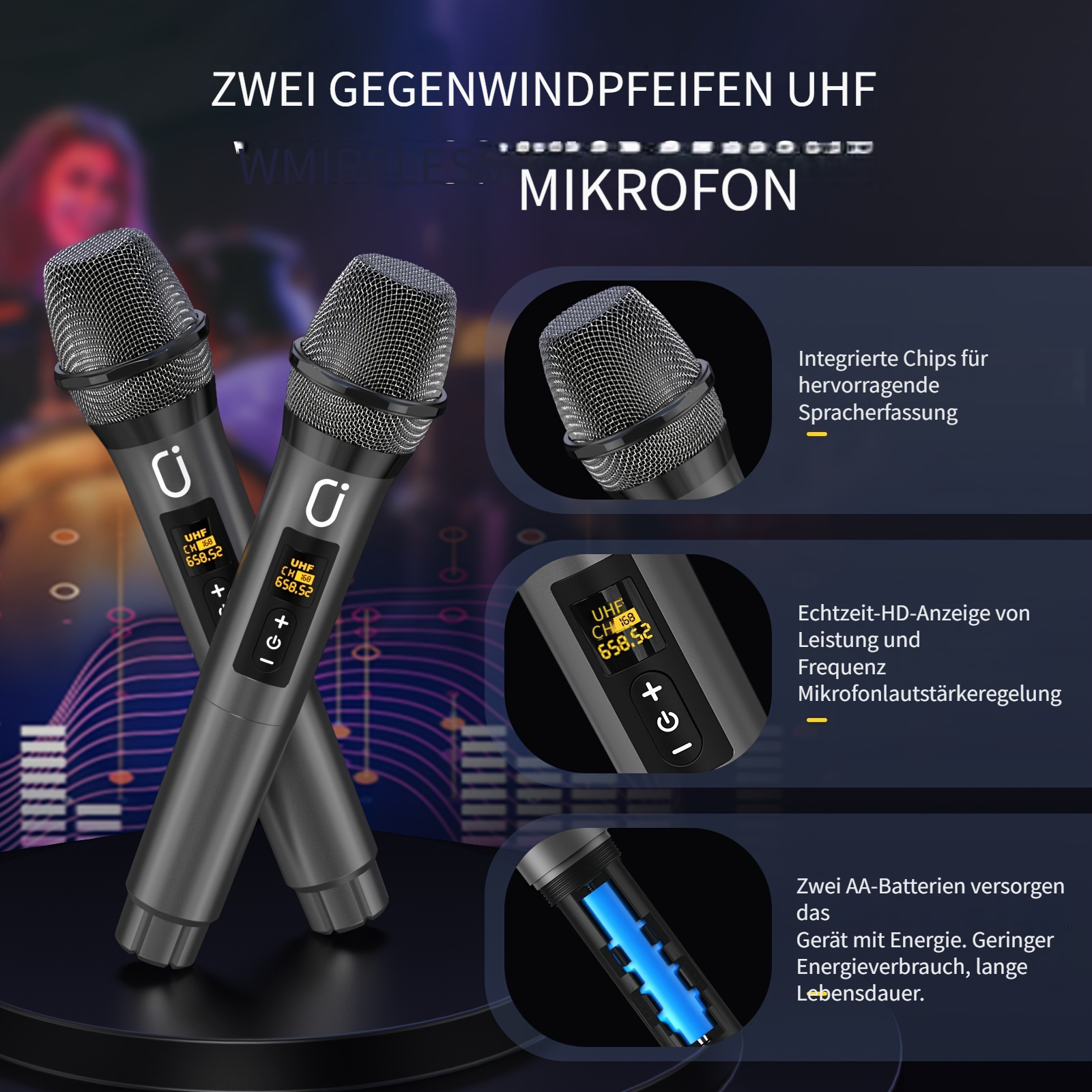 Zwei graue Mikrofone mit Displays und Bedienelementen vor bunter Hintergrundgrafik.