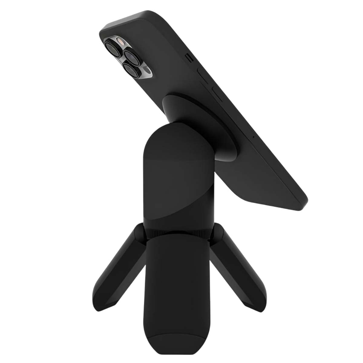 Ein schwarzes Smartphone auf einem schwarzen Mini-Stativ mit ausklappbaren Beinen.