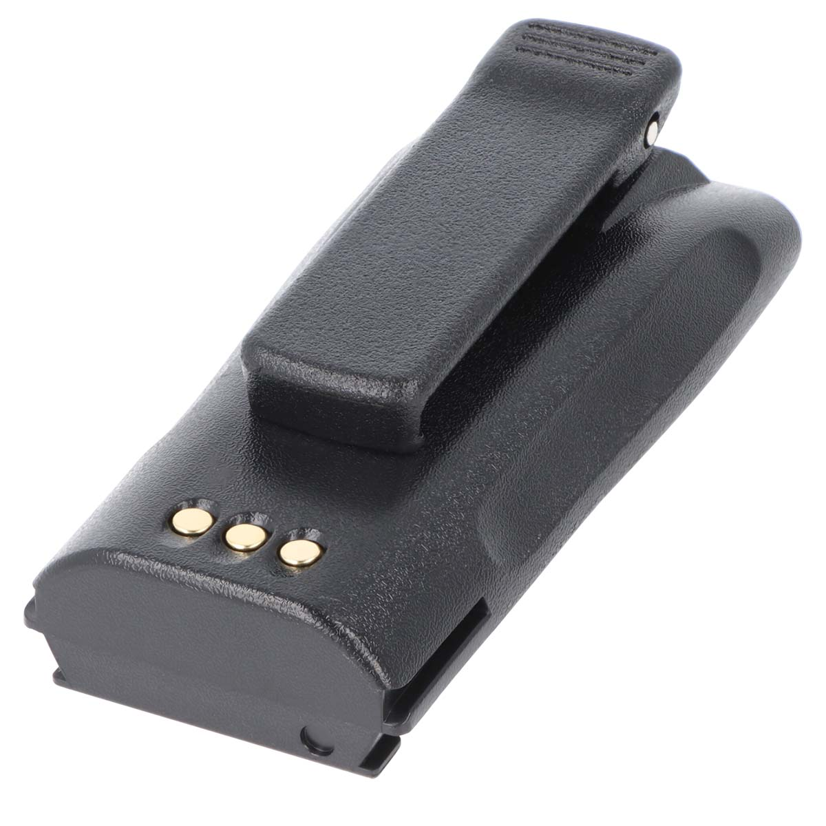 Batteria nera con clip e tre contatti dorati.