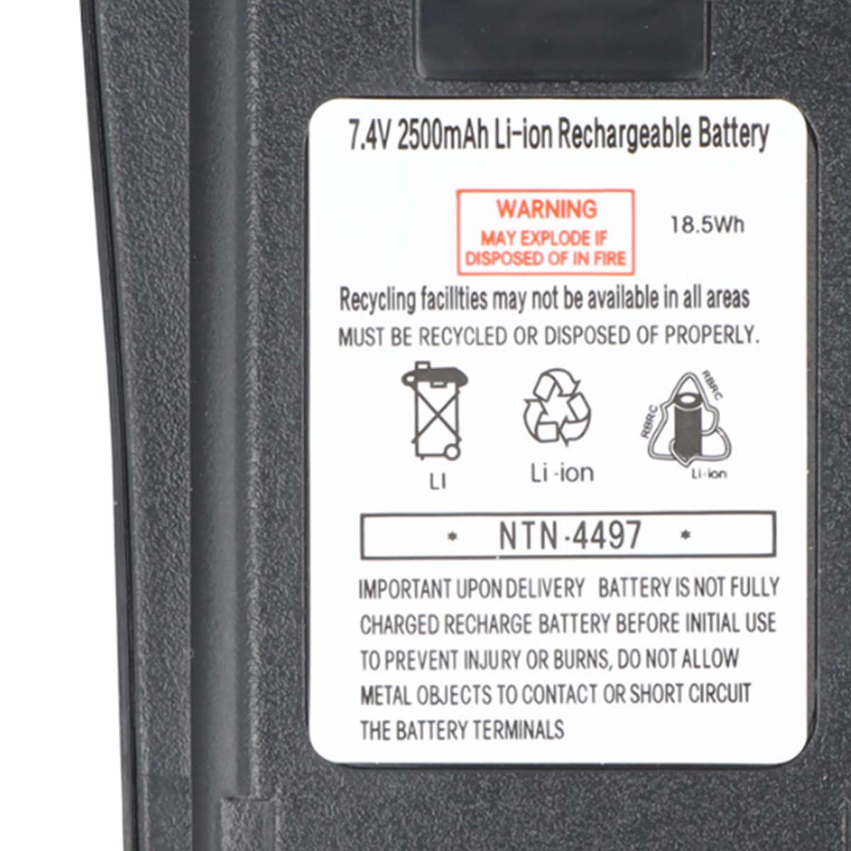 Batteria Li-ion 7,4V 2500mAh con avviso di smaltimento.