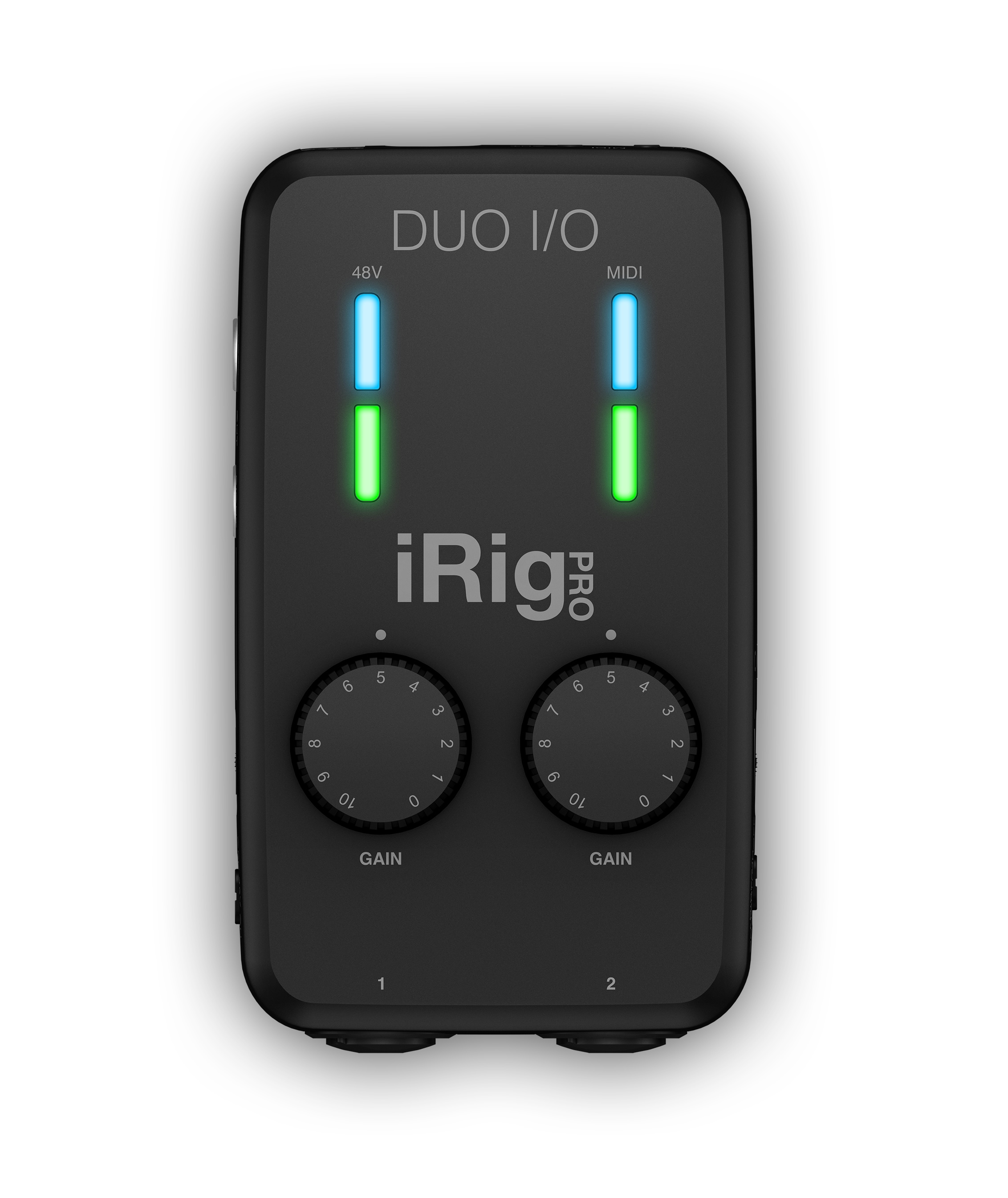Schwarzes Audio-Interface mit zwei Drehreglern und blauen/grünen LEDs.