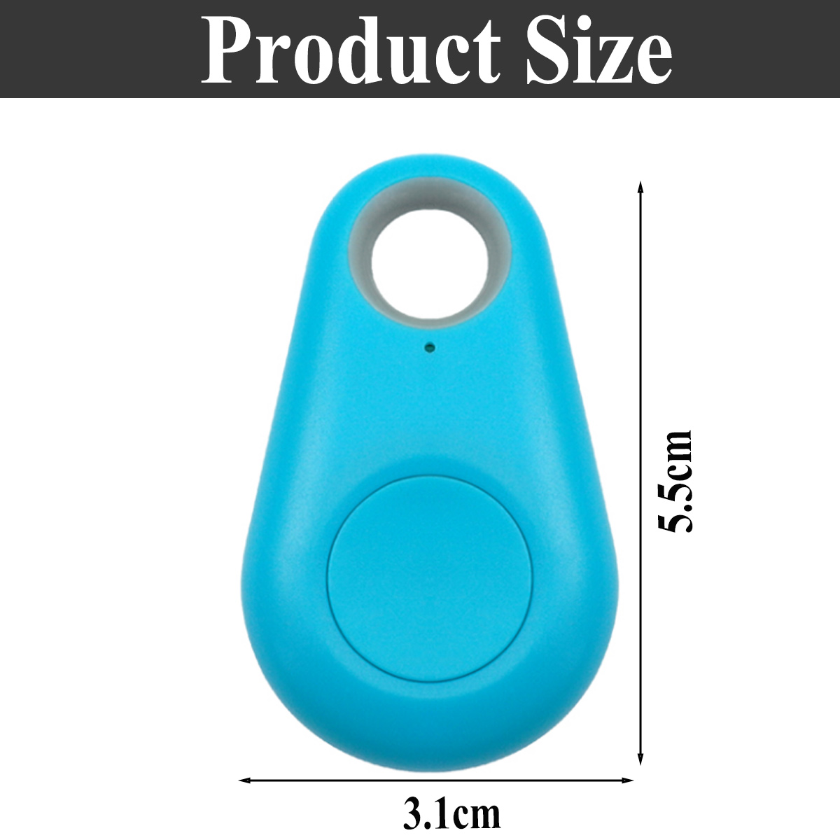 Blauer Tracker, 3,1x5,5cm. Text 'Product Size'.