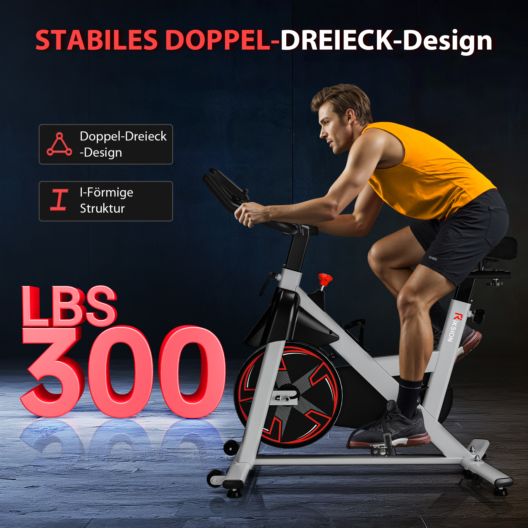 Mann auf Heimtrainer mit "300 LBS" Beschriftung.